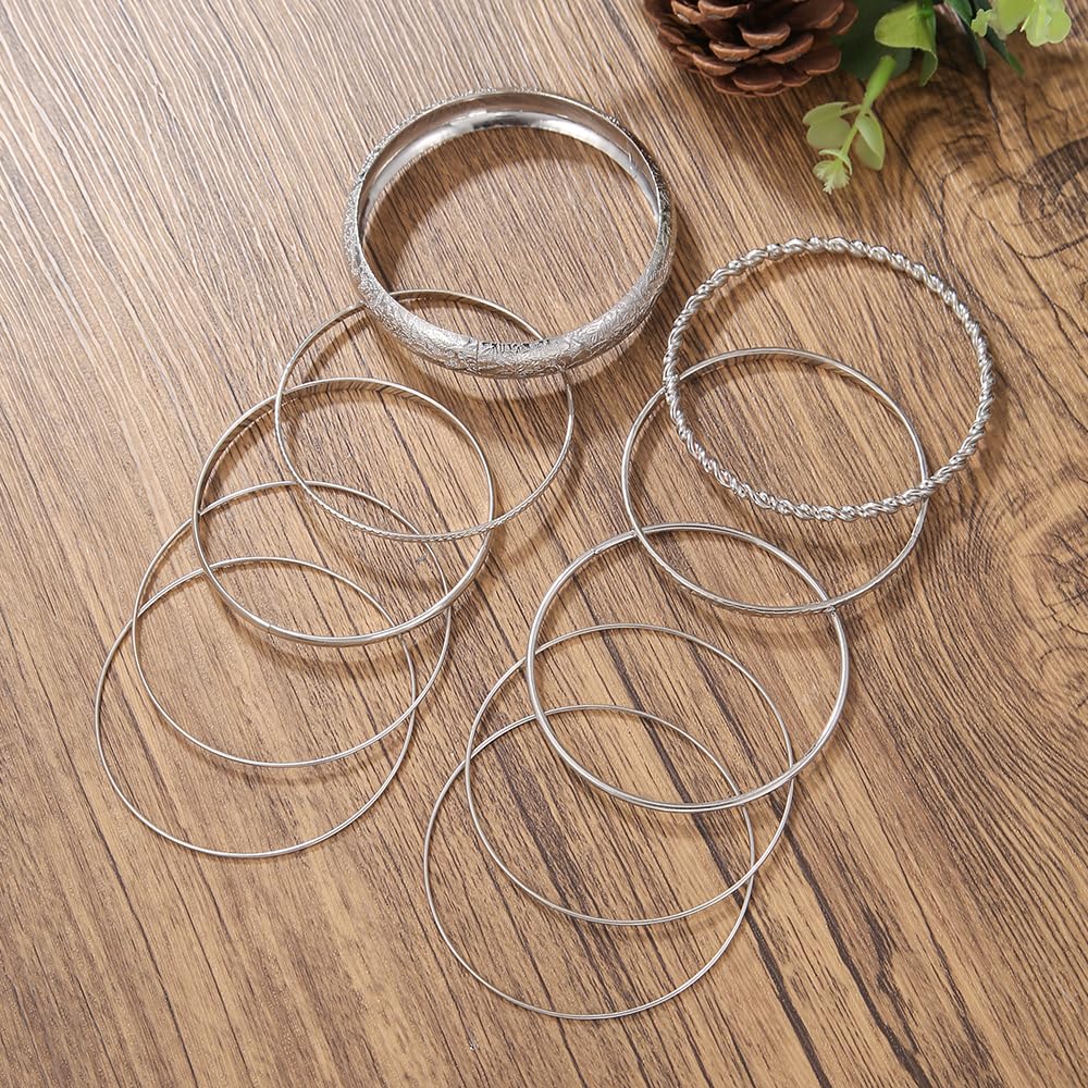 RINTOLER 10Pcs Silver Bangle Bracelets Set for Women - Chunky Silver Banlges Stackable Textured Bracelets Boho Jewelrys for Women. (J-Set 10pc Chunky)