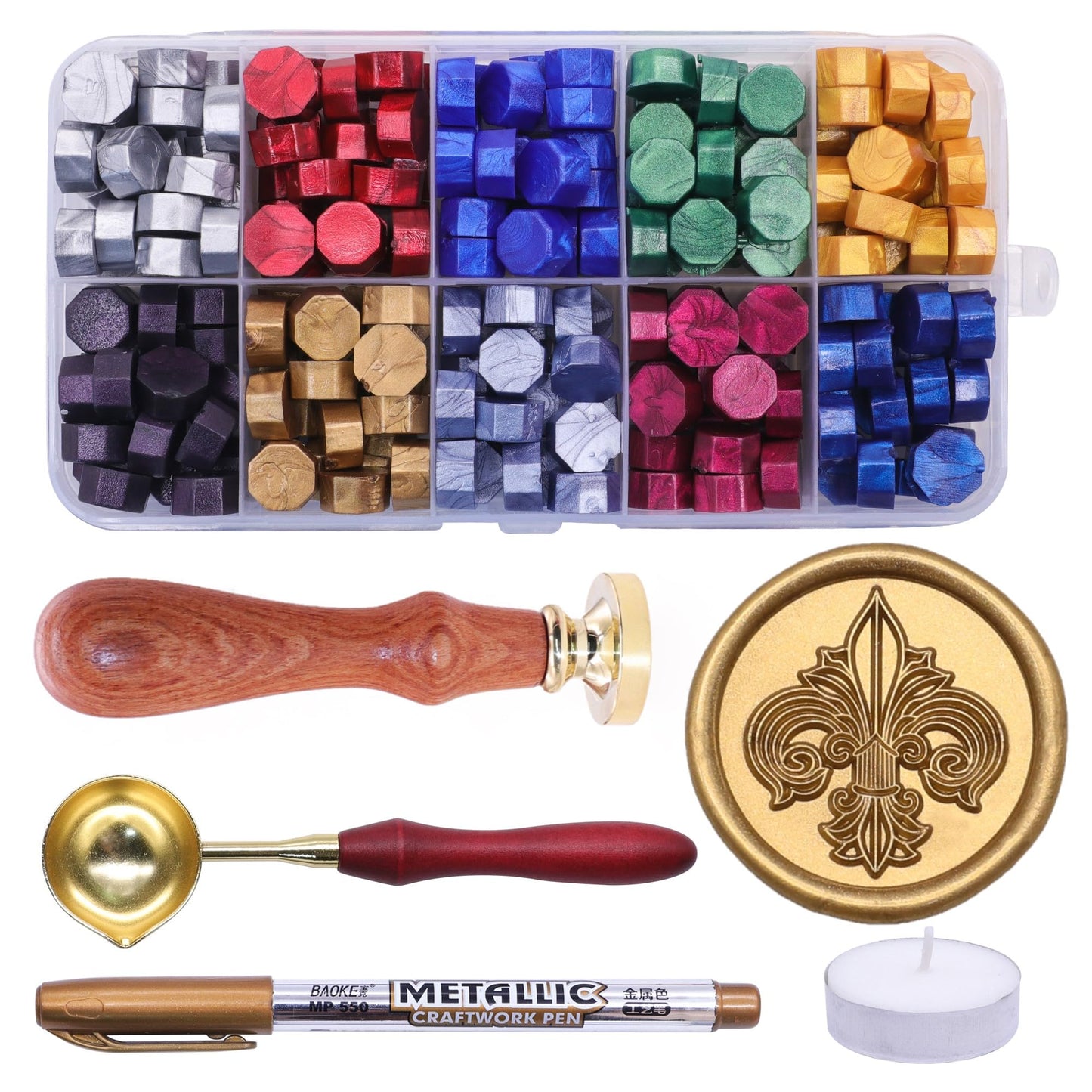 SWANGSA Fleur de Lis Wax Seal Stamp Kit with 200pcs Sealing Wax Beads, Great for Embellishment of Wedding Invitations, Wine Packages, Gift Wraps
