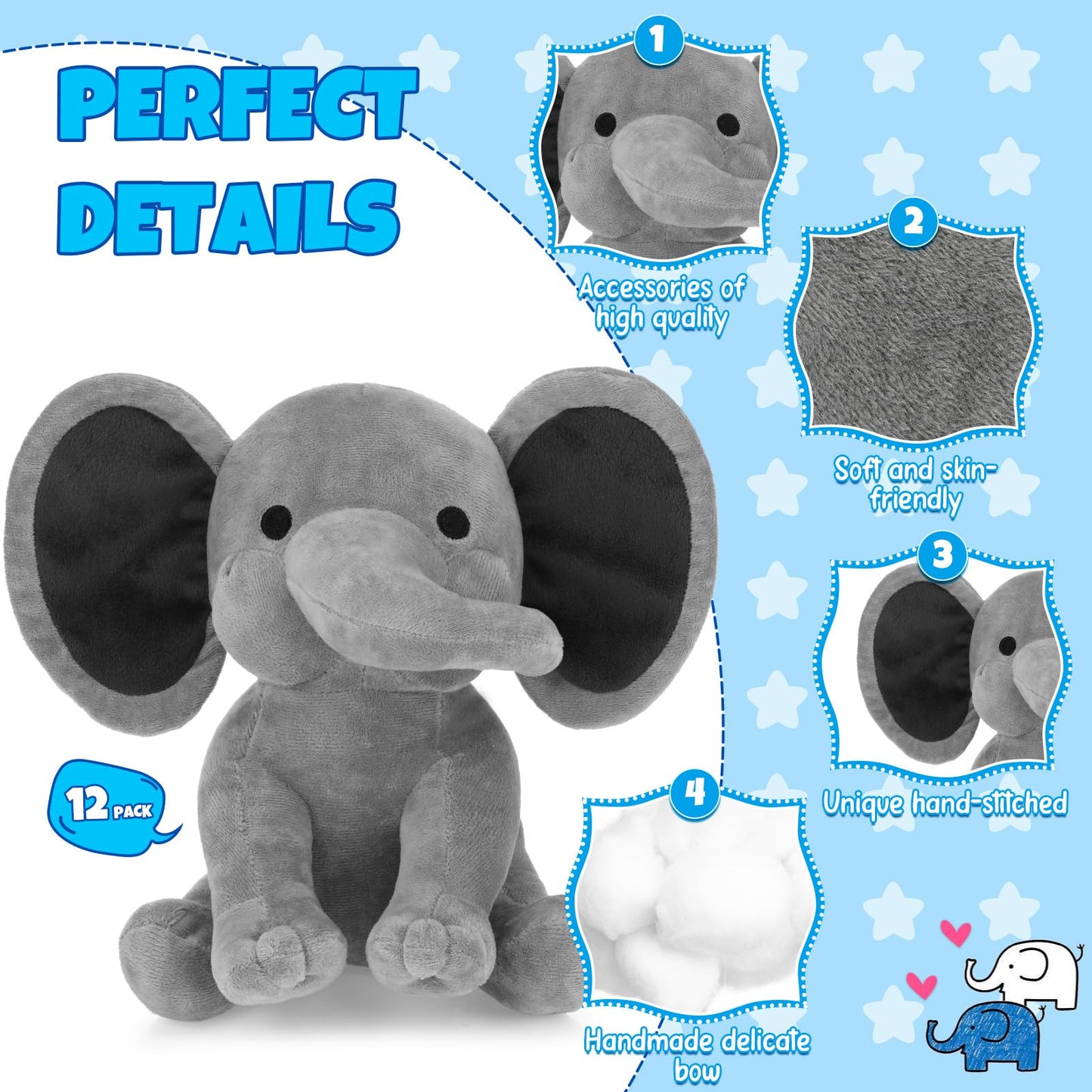 Tradder 12 Pcs Elephant Stuffed Animals 10 Inch Stuff Animal Plush Toy for Baby Shower Cute Soft Elephant Toys for Birth Stats Babies Girls Boys Infant Newborn Party Supplies Graduation Gift(Gray)