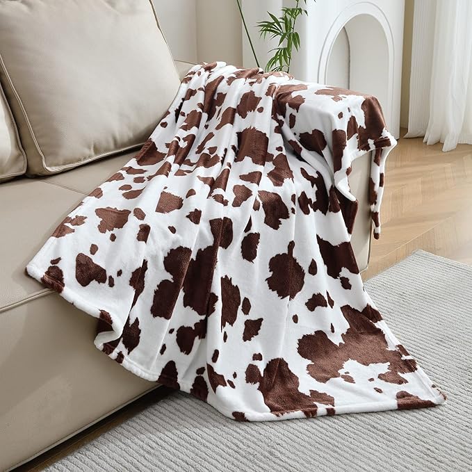 SOCHOW Cow Print Fleece Throw Blanket for Sofa Couch, Soft Lightweight Cozy Warm Home Decor Flannel Blanket, Cute Animal Blanket for Kids Boys Girls, Brown 50 x 60 Inches