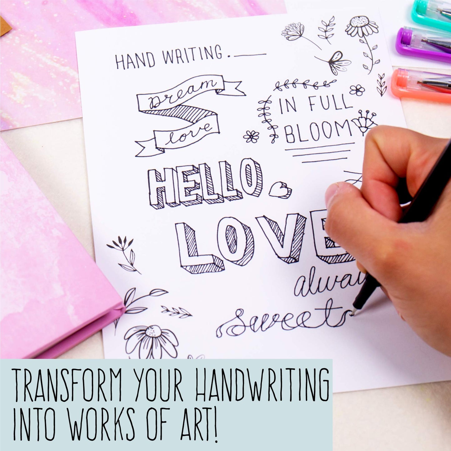 STMT DIY Make Your Mark Hand Lettering Set, Step-by-Step Beginner Modern Calligraphy Hardcover Workbook, Includes Practice Sheets, Stencils, Flexible Fine Tip & Brush Markers, DIY Calligraphy Kit