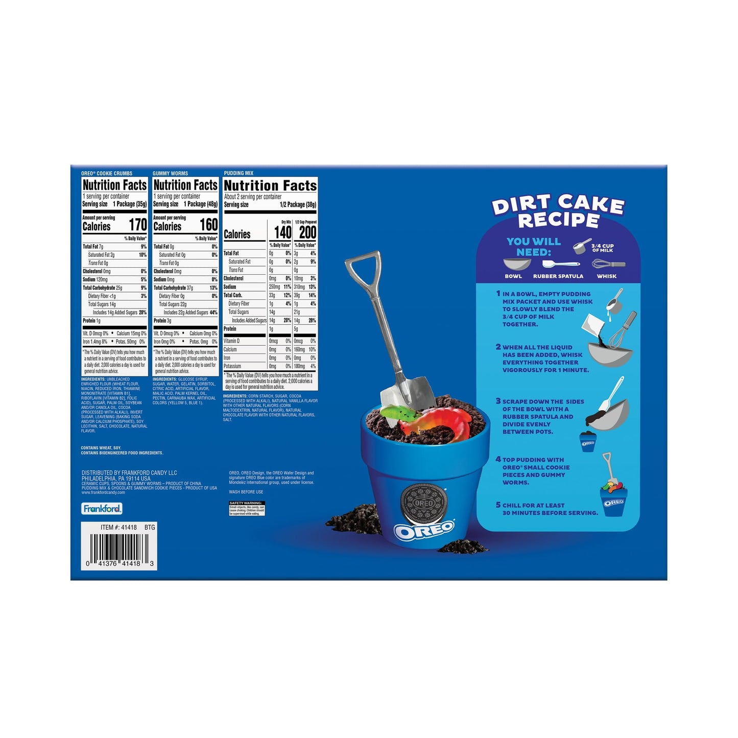 Frankford OREO DIY Dirt Cake Kit with Real Cookie Pieces, Gummy Worms, Chocolate Pudding Mix, Shovel Spoons, and Ceramic Cups