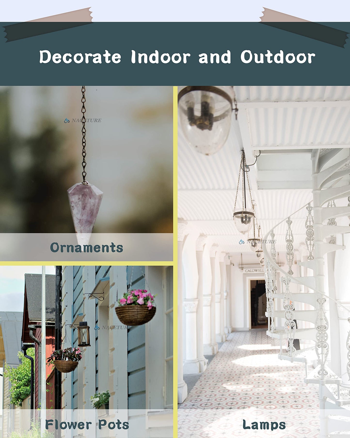 NACETURE Ceiling Hooks for Hanging Plants 3 Pack - Plant Hanger Indoor Hanging Hooks Metal Plant Bracket Iron Lanterns Hangers for Wind Chimes (White 3 Pack + Chain)