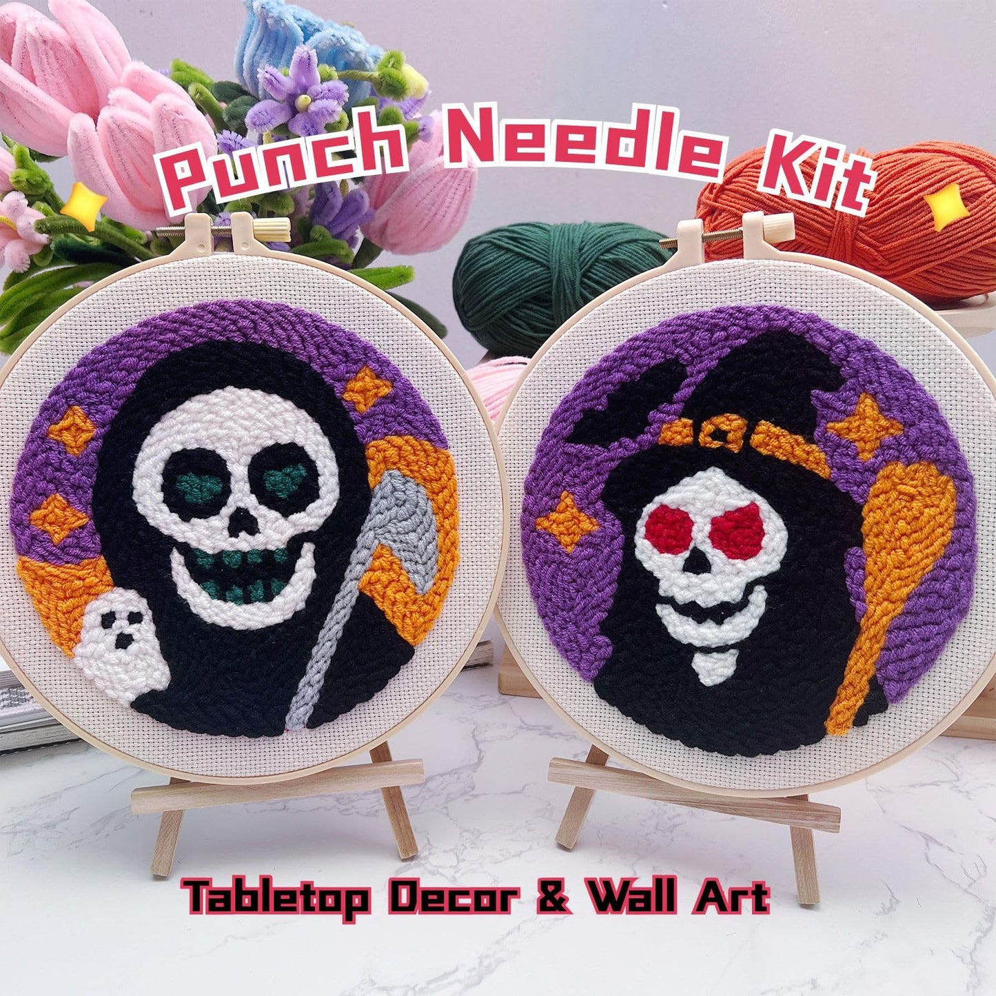 Halloween Punch Needle Kit for Adults Beginners, Easy Punch Embroidery Starter Set with Instruction, Fun DIY Needle Point Craft for Home Decor & Holiday Gift Idea(2pcs Skull Witch & Grim Reaper)