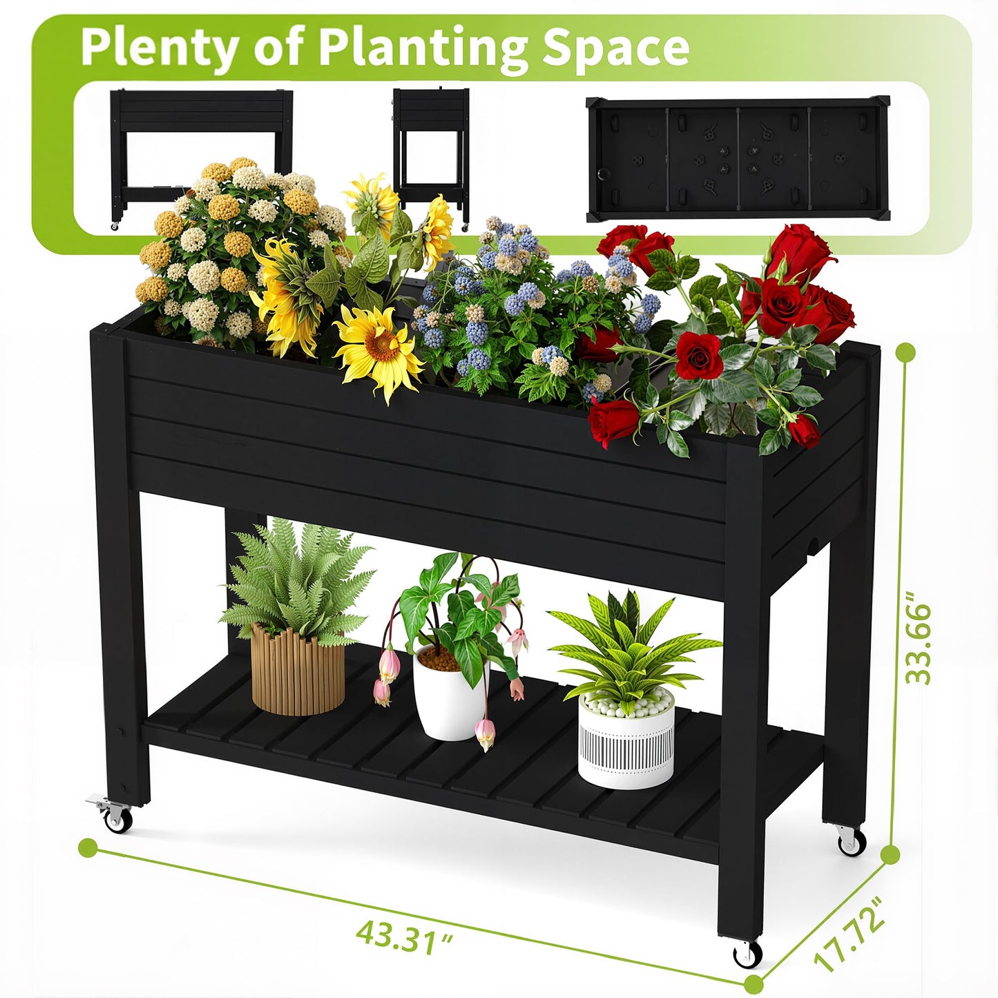 PatioZen Raised Garden Bed with Legs, 33.66" Tall Self-Watering Resin Planter Box with Lockable Wheels Drainage Plug and Gauge for Vegetables, Flowers, Storage Shelf for Tools and Accessories (Black)
