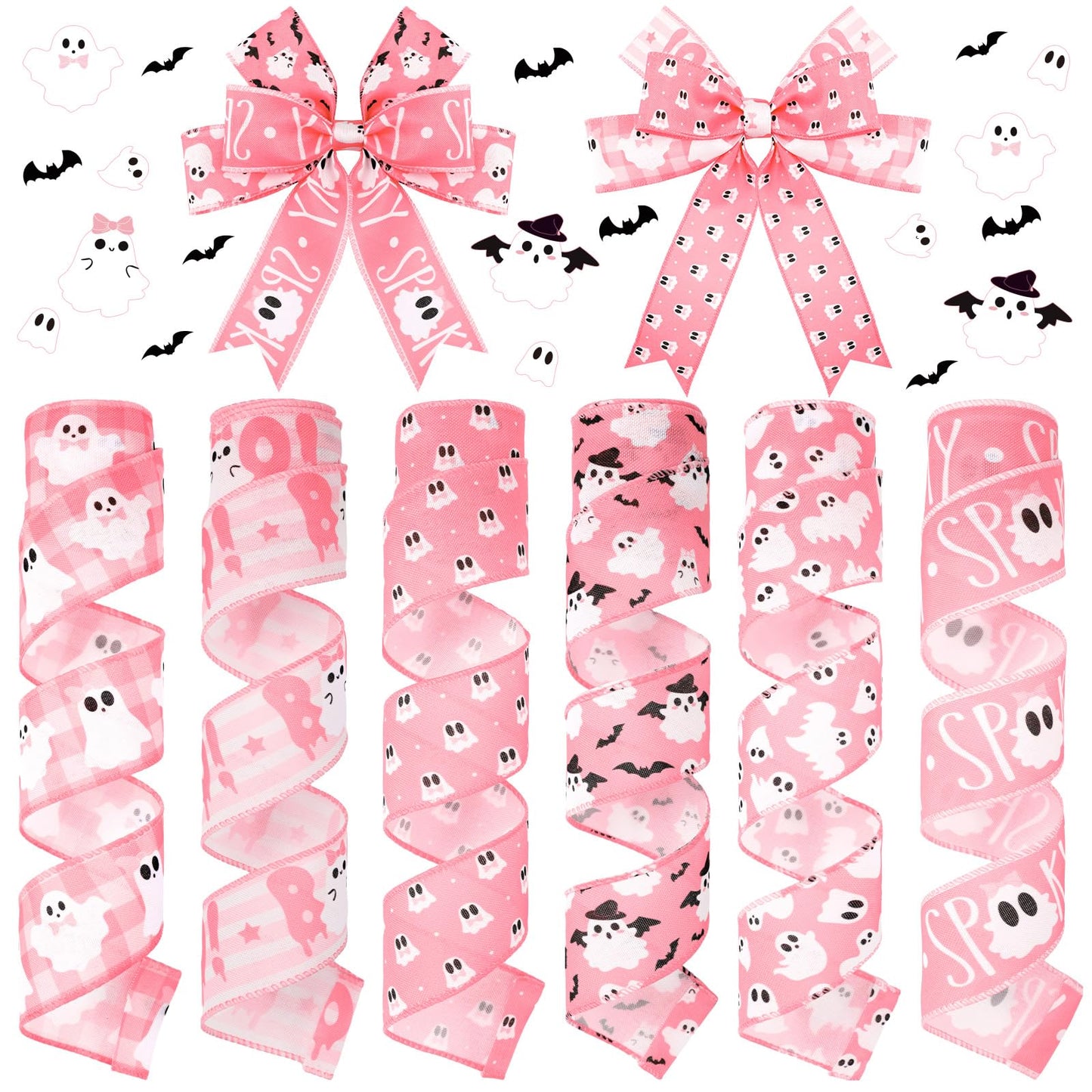Wavyknot 6 Rolls Halloween Ghost Wired Edge Ribbon 2 Inch x 30 Yards Halloween Ghost Ribbon for Wreaths Pink for Floral Bow Making Wreath Craft DIY Party Decor