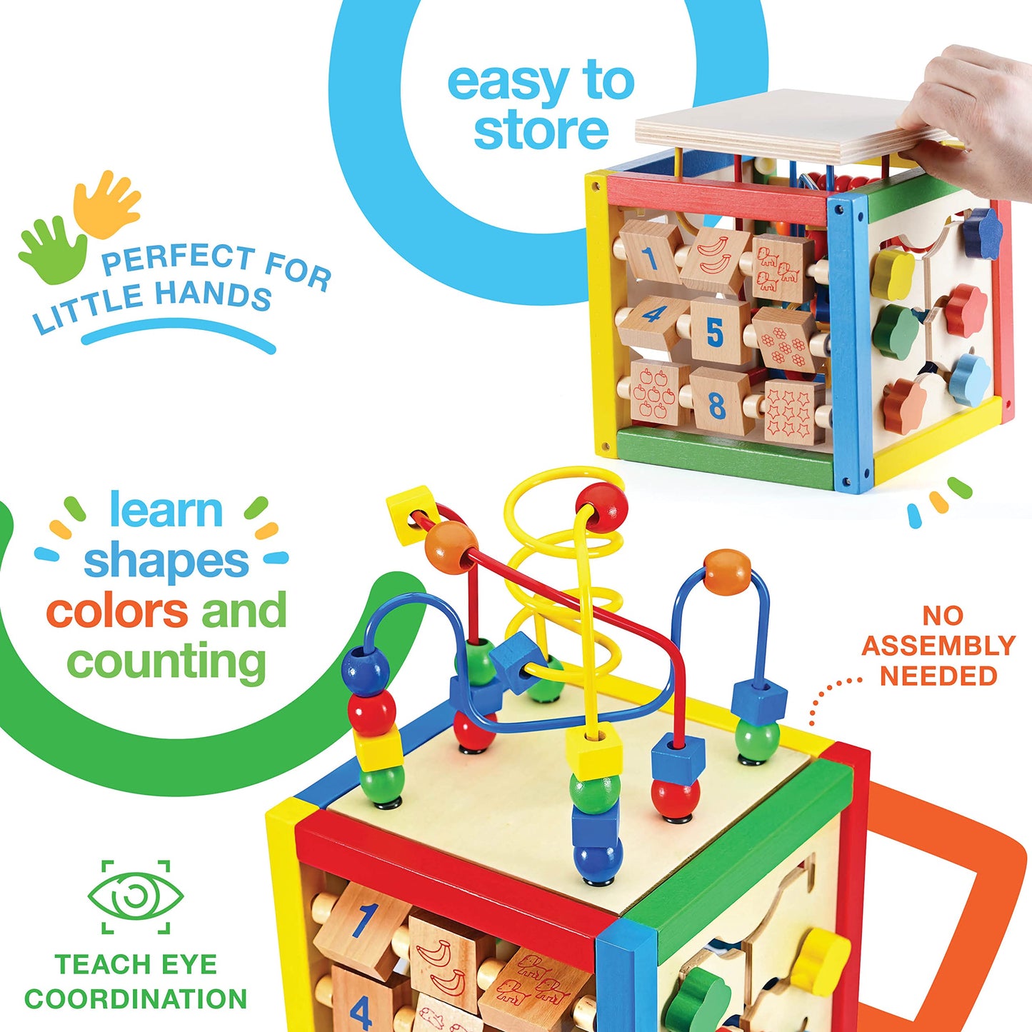 Play22 Wooden Activity Cube for Baby - 6 in-1 Baby Activity Play Cube with Bead Maze, Shape Sorter, Abacus Counting Beads, Counting Numbers, Sliding Shapes, Removable Bead Maze, 8Pcs Stacking Cups