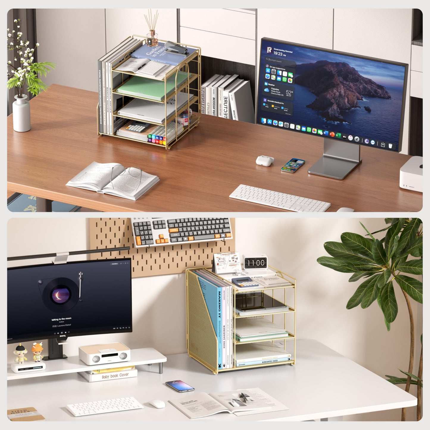 Becomrock Gold Desk Organizer, 4-Tier Metal Paper Organizer for Desk with Vertical File Holder, Office Accessories and Desktop Storage for Office Supplies (Gold)