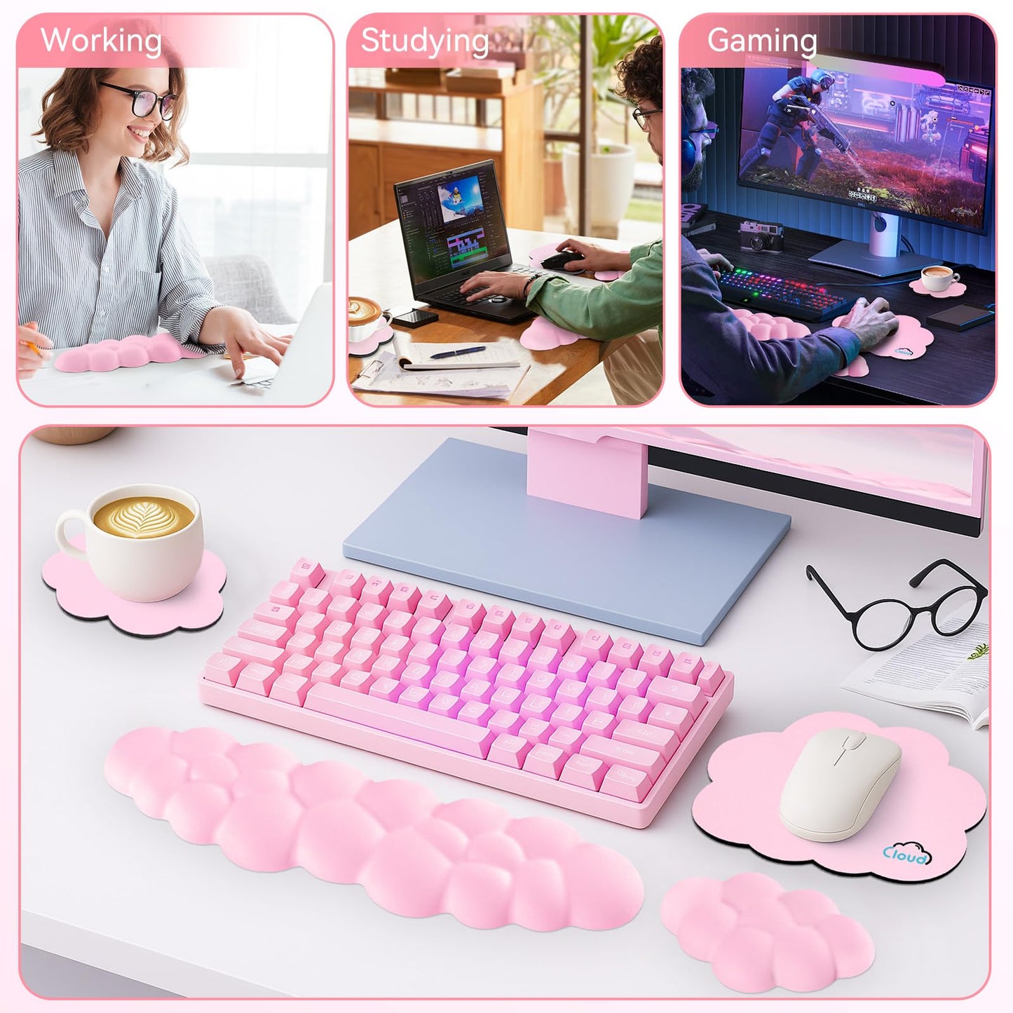 Sushret Cloud Wrist Rest for Computer Keyboard, 4-in-1 Memory Foam Leather Cloud Keyboard Wrist Rest and Mouse Pad Set with Ergonomic Support for Arm and Palm Cushion, Gaming/Work Setup, Pink