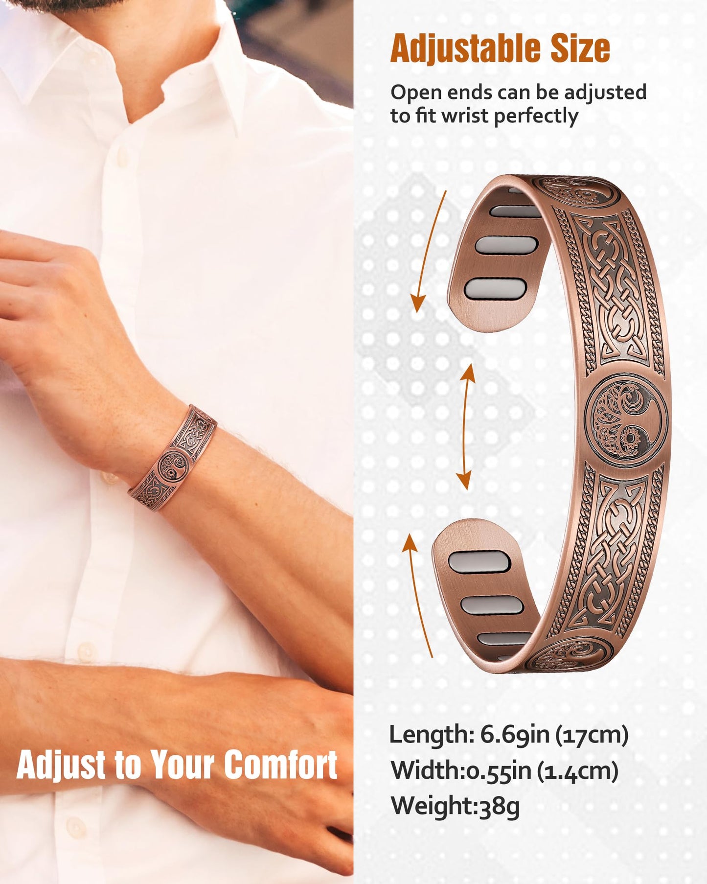 Jecanori Copper Magnetic Bracelets for Men and Women–Upgraded Oval Magnets-Adjustable Cuff Bangles