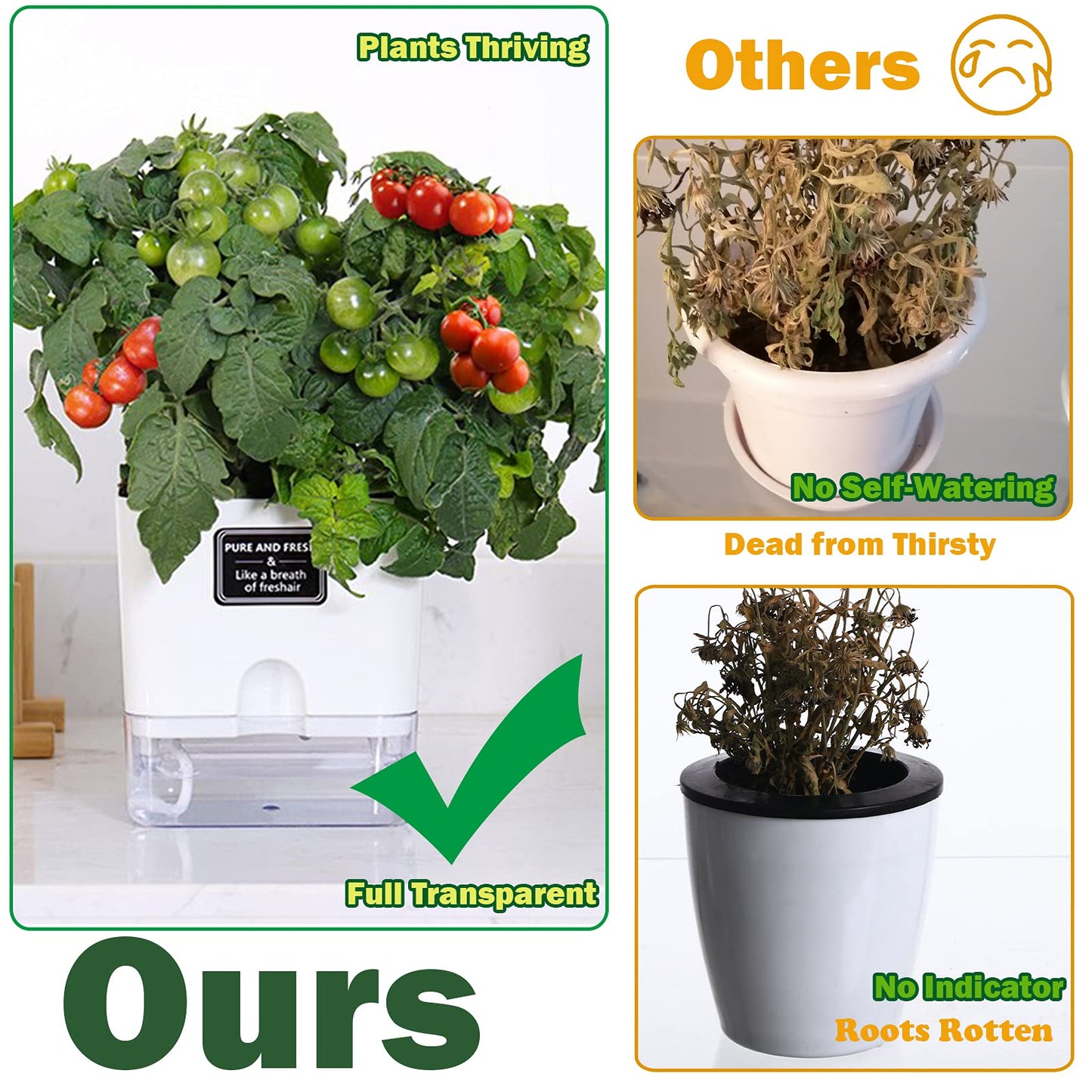 Planterhoma Self Watering Plant Pots for Indoor Plants 4.3 inch, 6 Packs Square Self-Watering Planters with Drainage Hole, White African Violet Pots for Devil's Ivy, Spider Plant, Orchid, Herb