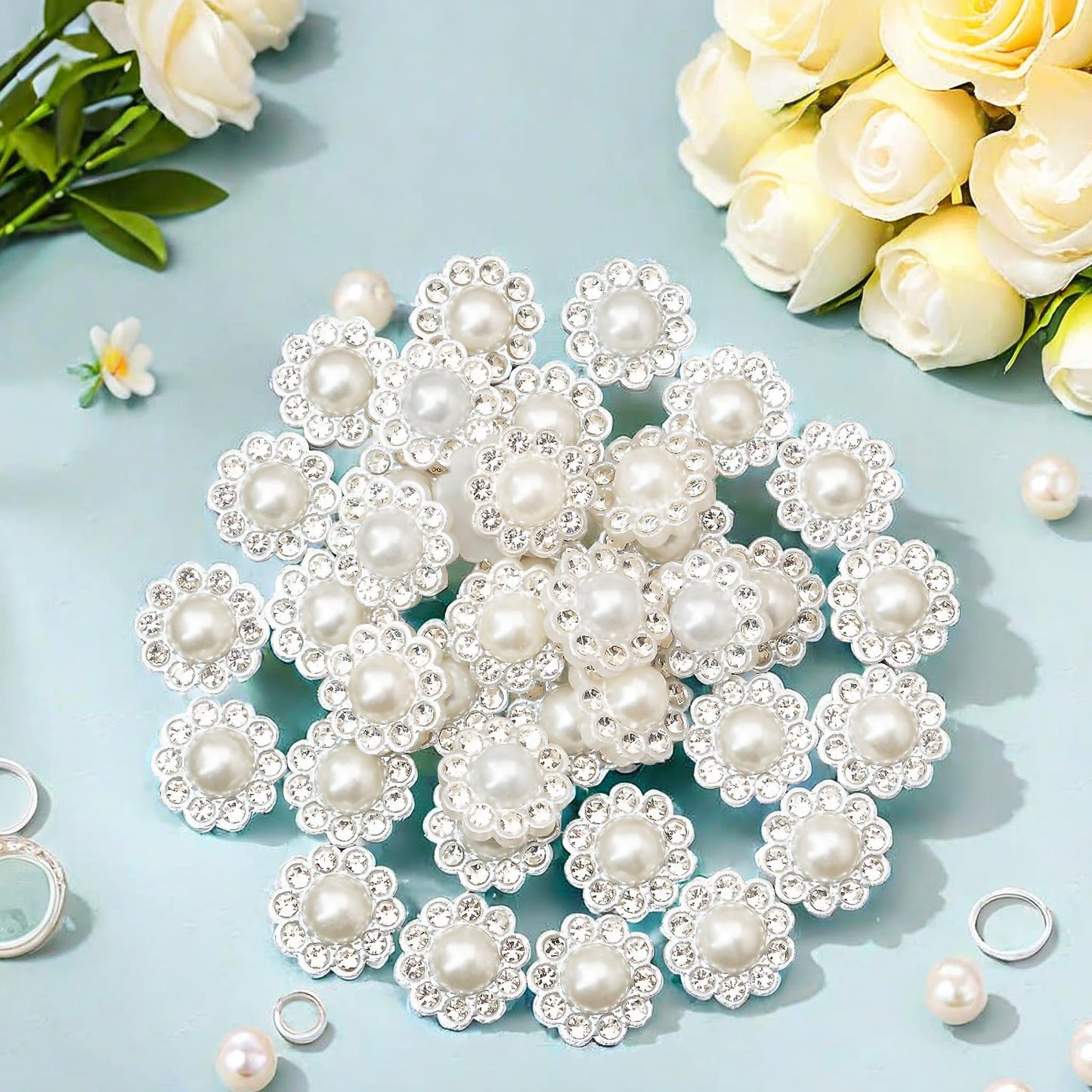 100 pcs Rhinestone Faux Pearl Buttons Accessory Decoration Craft for DIY Scrapbooking Embellishments Wedding Bouquet Flower Centre Home Decor 14mm (100 PCS Silver)