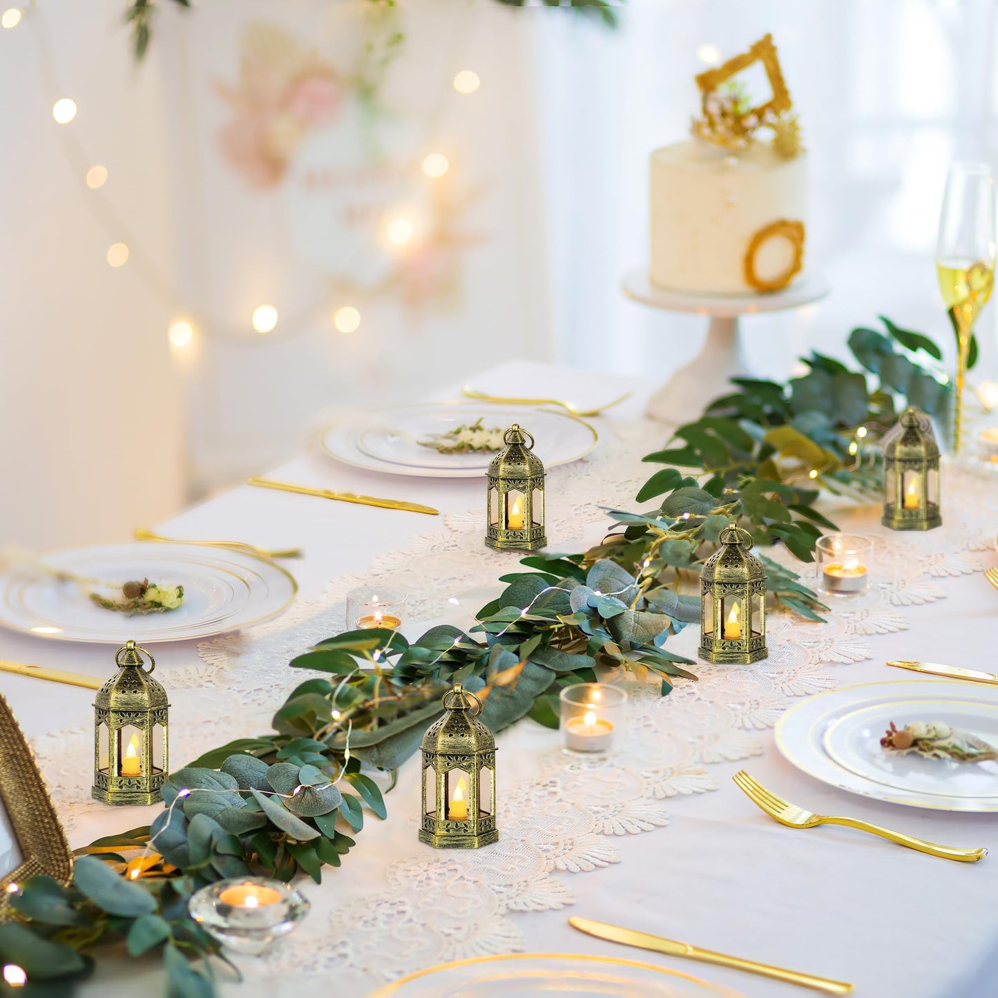 Mini Lanterns Decorative for Wedding Centerpiece - 20 Pcs Romadedi Hanging Small Gold Lantern Bulk with Flickering LED Candles for Halloween Decorations, Christmas Table Decor, Batteries Included