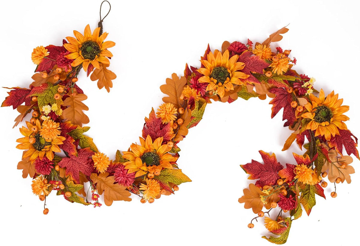 GENMOUS 6ft Fall Maple Leaves Garland, Artificial Sunflower Autumn Wreath with Small Pumpkins Home Decor for Thanksgiving, Halloween, Wedding, Fireplace Porch Indoor Outdoor Fall Decoration
