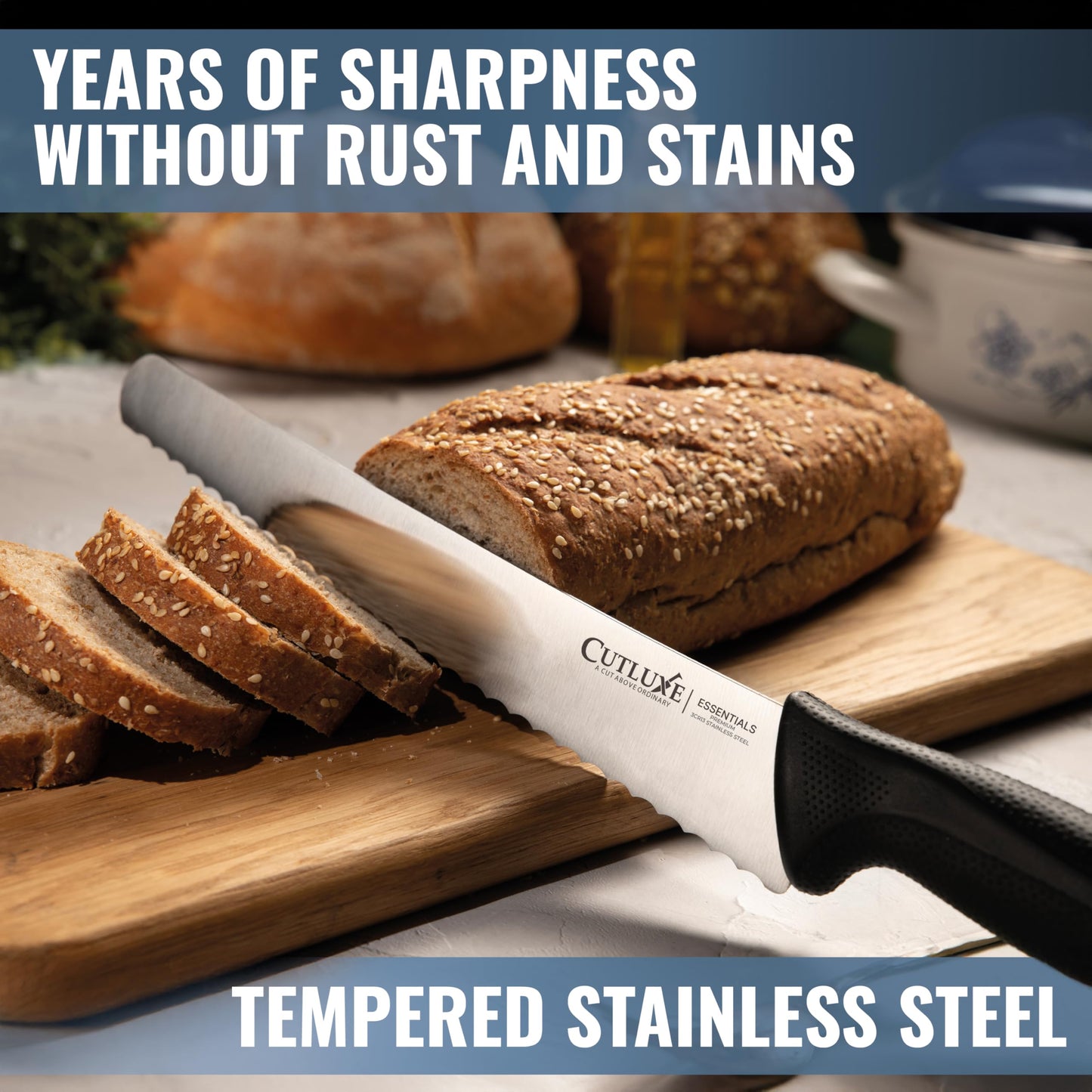 Cutluxe Bread Knife with Cover – 10" Razor-Sharp Serrated Stainless Steel Blade, Ergonomic Anti-Slip Handle – Perfect for Sourdough & Homemade Bread