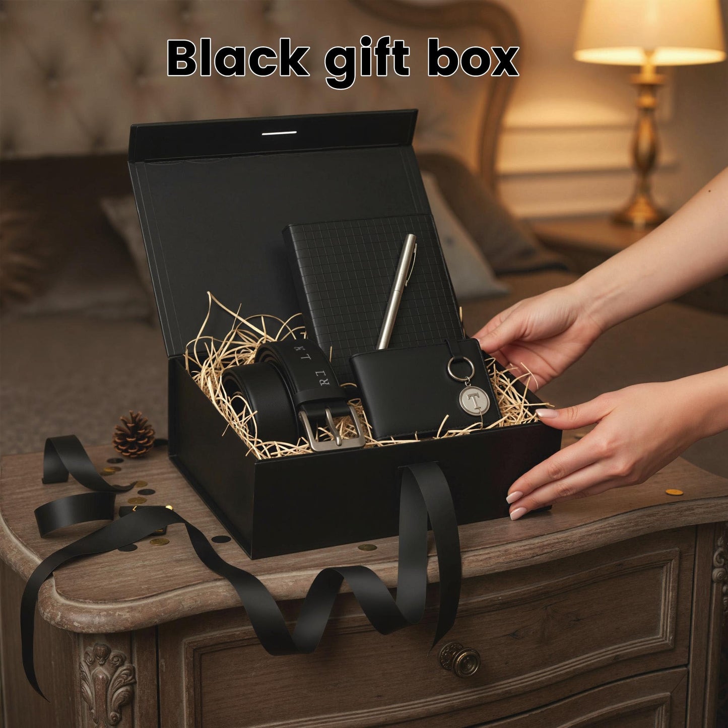 VGOODALL Black Gift Box,10.5 x 7.5 x 3.1 inches Gift boxes for Presents with Lids, Magnetic Closure Collapsible Groomsman Proposal Box with Ribbon Used for Birthday, Anniversary