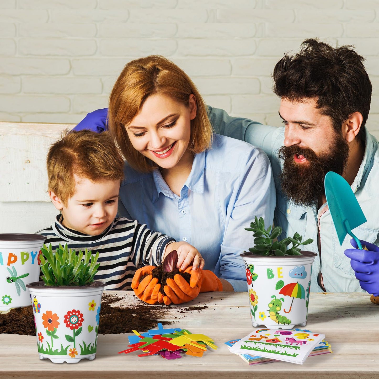 Capoda 24 Sets Garden Flower Pots Crafts Kit DIY Spring Plastic Seedling Nursery Pots with Stickers Plant Labels Growth Charts Planting Growing Tools Classroom Activities Project Gifts (Round)