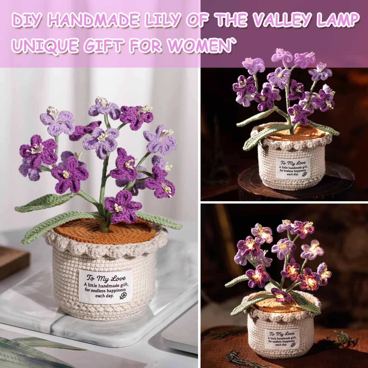ANZRLE Forget Me Not Flower Lamp - Purple Crochet Artificial Flowers with Night Light, Cordless Table Lamp, Cozy Home Decor Crochet Gifts