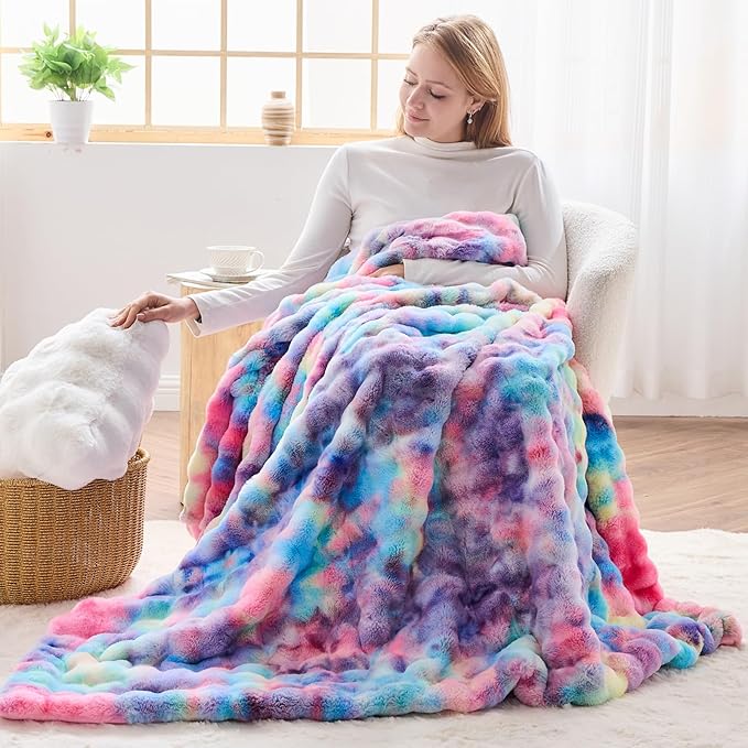 NEWCOSPLAY Faux Fur Twin Blanket Dark Rainbow Luxury Fluffy Thick Warm Bubble Blanket for Couch Sofa Bed 700GSM (Dark Rainbow, Twin(60"x80"))