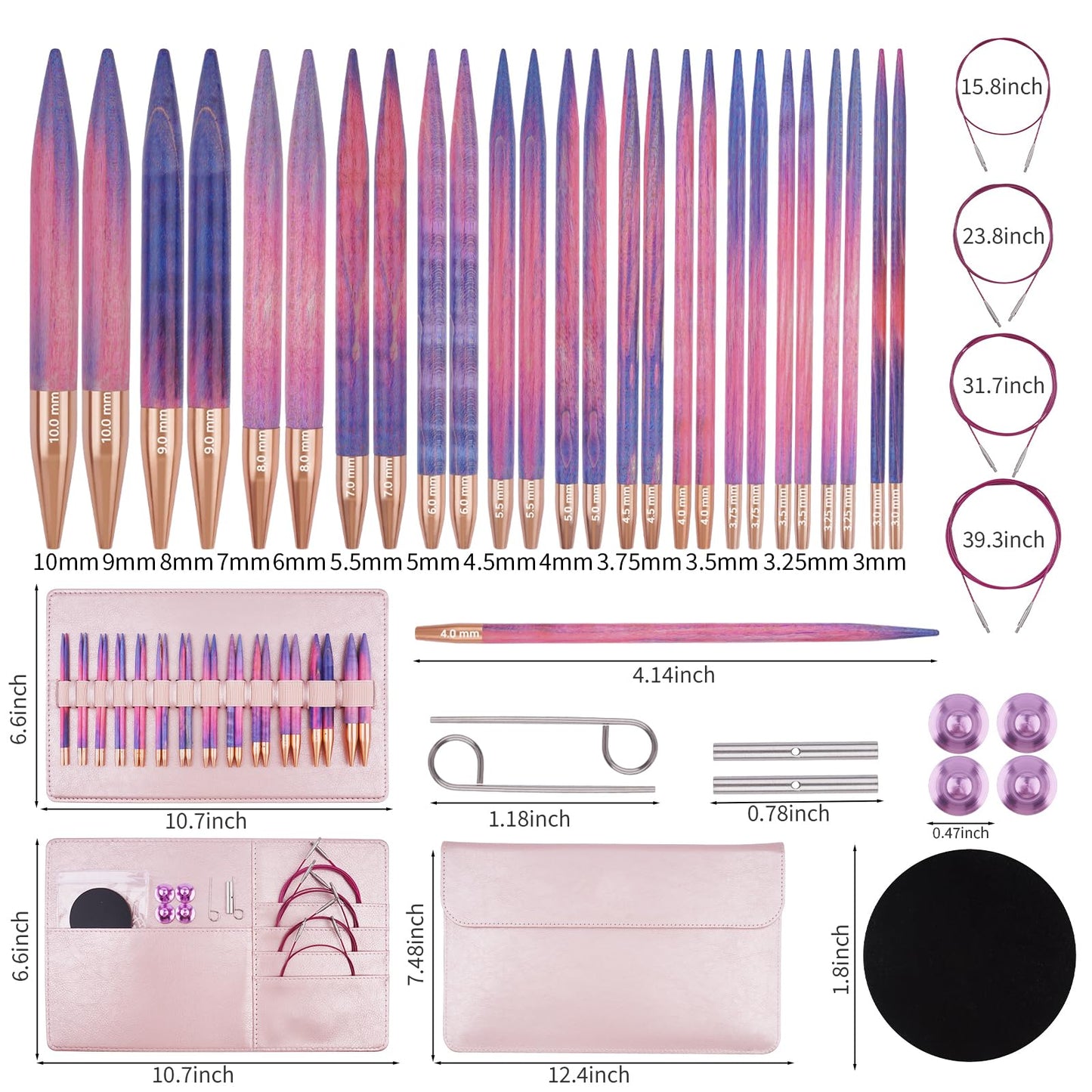 WAZAIGUR Circular Interchangeable Wooden Knitting Needles Set with Case Sizes 3mm, 3.25mm, 3.5mm, 3.75mm, 4mm, 4.5mm, 5mm, 5.5mm, 6mm, 7mm, 8mm, 9mm, 10mm, 13 Pairs, 4 Cables