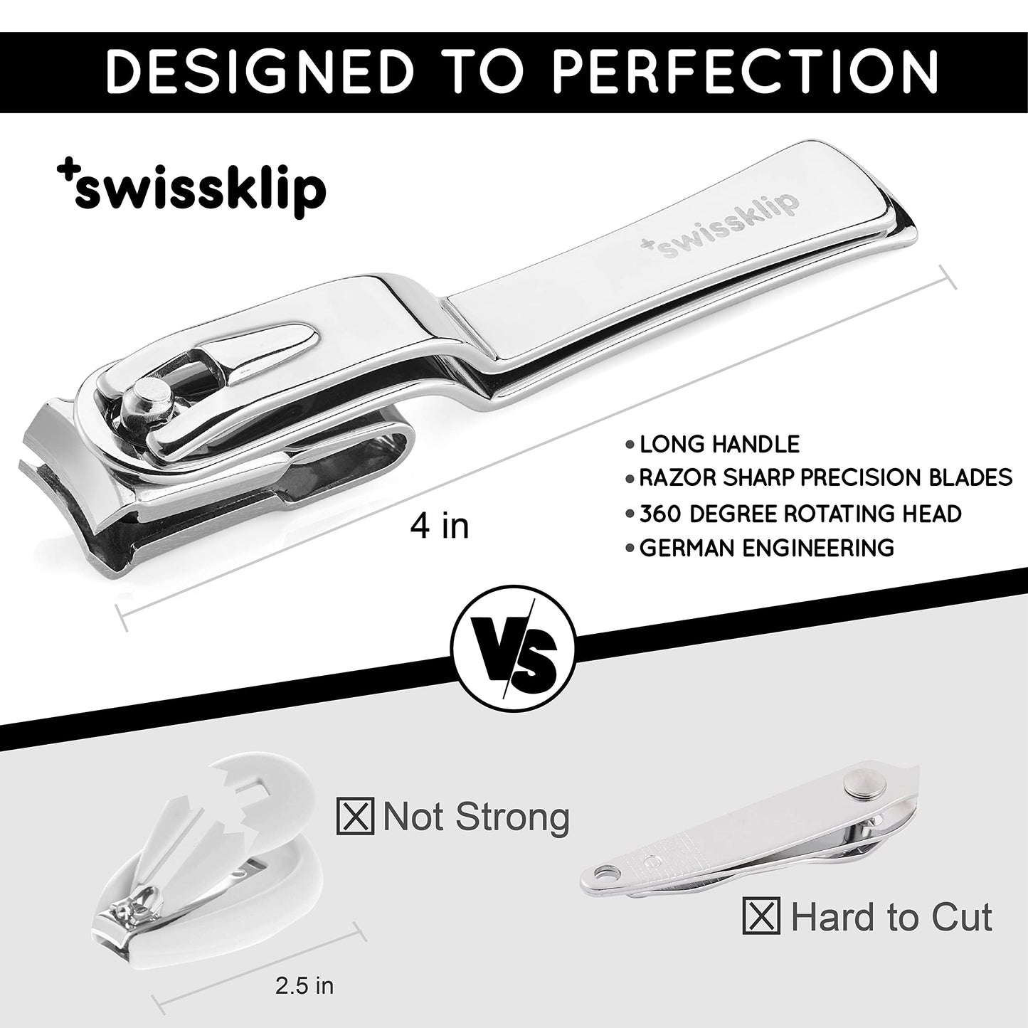 Swissker by Swissklip Nail Clippers for Men & Women I Finger Nail Clippers for Adult with 360 Degree Rotating Head I Fingernail Clippers for Women I Surgical-Grade Stainless Steel Material (2 Pack)