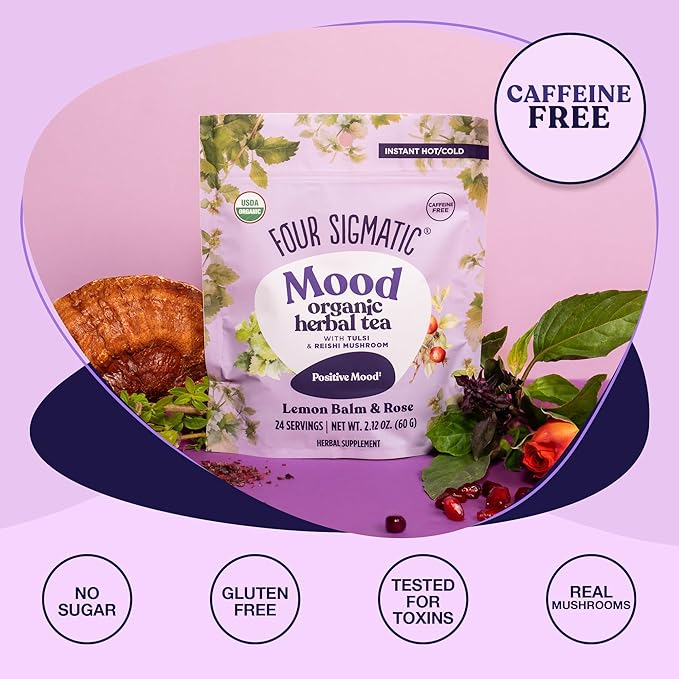 Four Sigmatic Mood Organic Herbal Tea | Enhance Emotional Well-Being with Tulsi & Reishi Tea | Calming Lemon Balm Tea w/Adaptogens | Vegan, Gluten-Free | Lemon Balm & Rose, 24 Servings