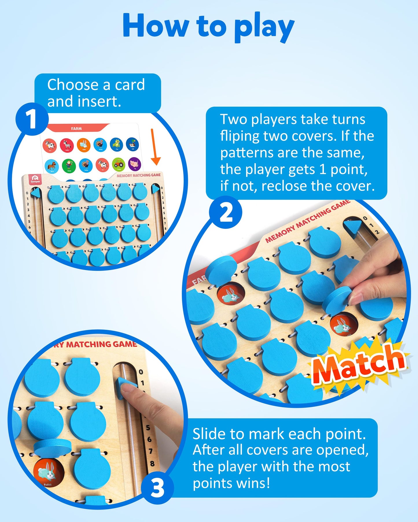 Coogam Memory Matching Game, Wooden Board Travel Toy with Memory Cards, Essential Activity for Road Trip Airplane/Car/Camping, Fine Motor Educational Gift Toy for 3 4 5 Year Old Kids