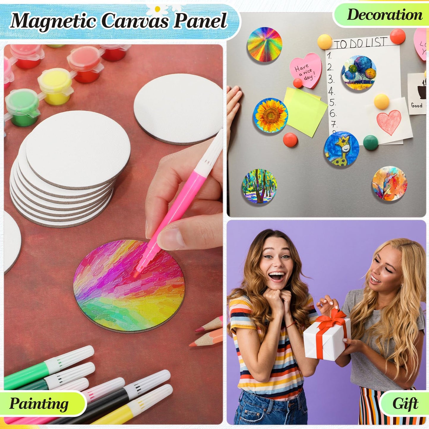 Nezyo 75 Pieces Magnetic Painting Canvas Panel Mini Canvas Boards Mini Canvases Tile Art for Painting Magnetic Fridge Locker Art Paints Crafts DIY Kit(Round,4 Inch)