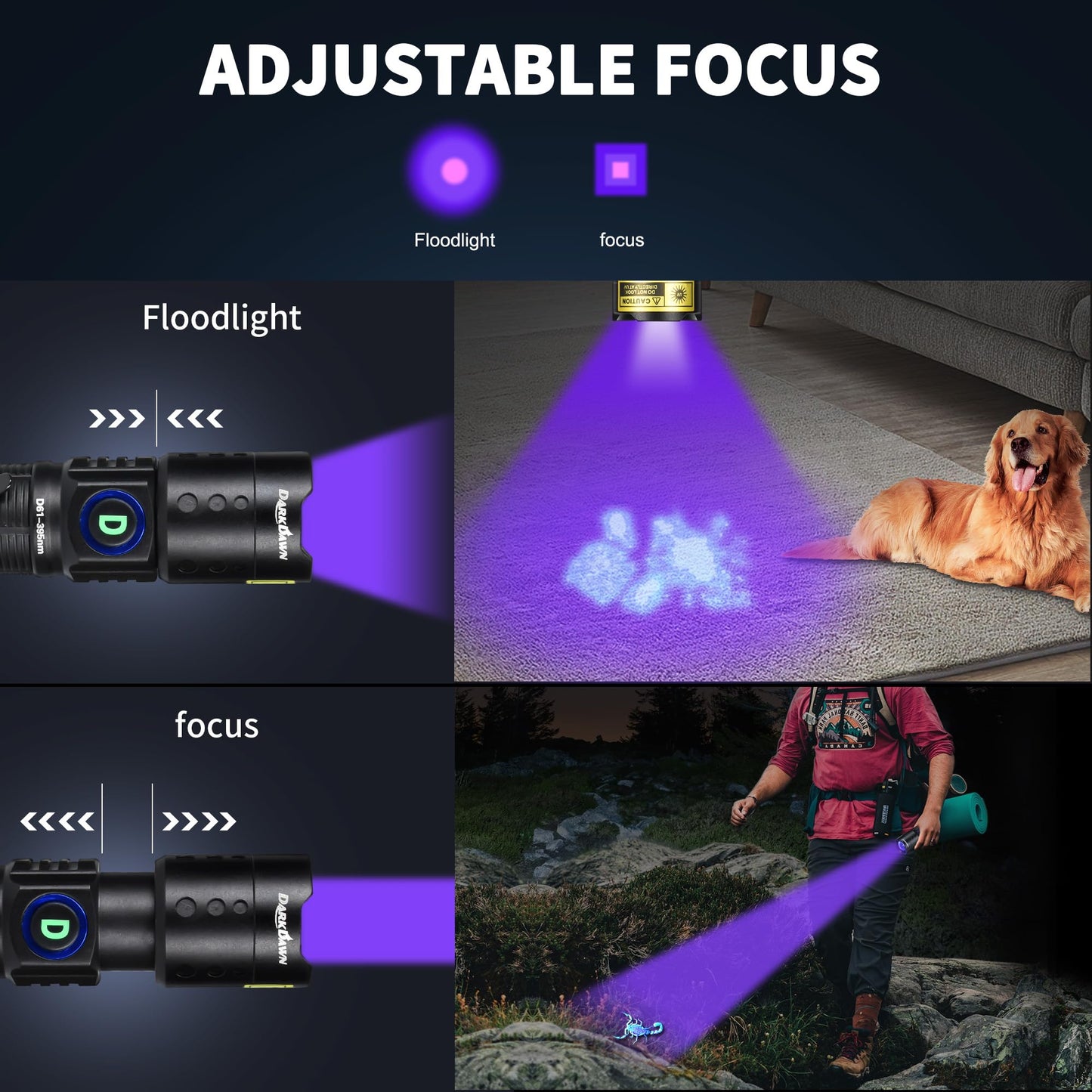 DARKDAWN UV Flashlight 395nm Black Light Mini USB Rechargeable Ultraviolet LED Blacklight Woods Lamp Powerful Fluorescent Portable Detector for Pet Urine Stains, Scorpions, Resin Curing