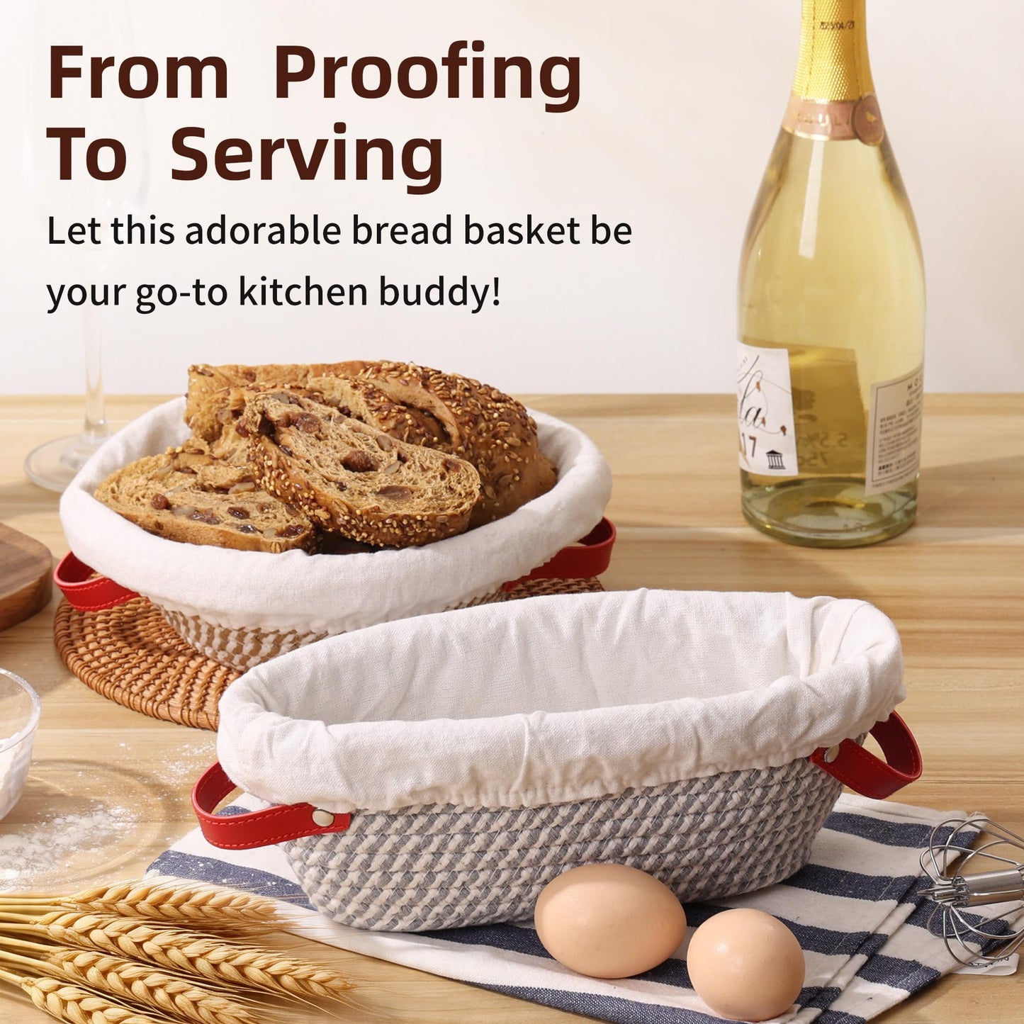 Banneton Bread Proofing Basket - Oval & Round Sourdough Bread Baskets Set - With Liner & Cloth Cover - For Bread Storage (Grey & Khaki Set) - Cotton Rope - Mother's Gifts