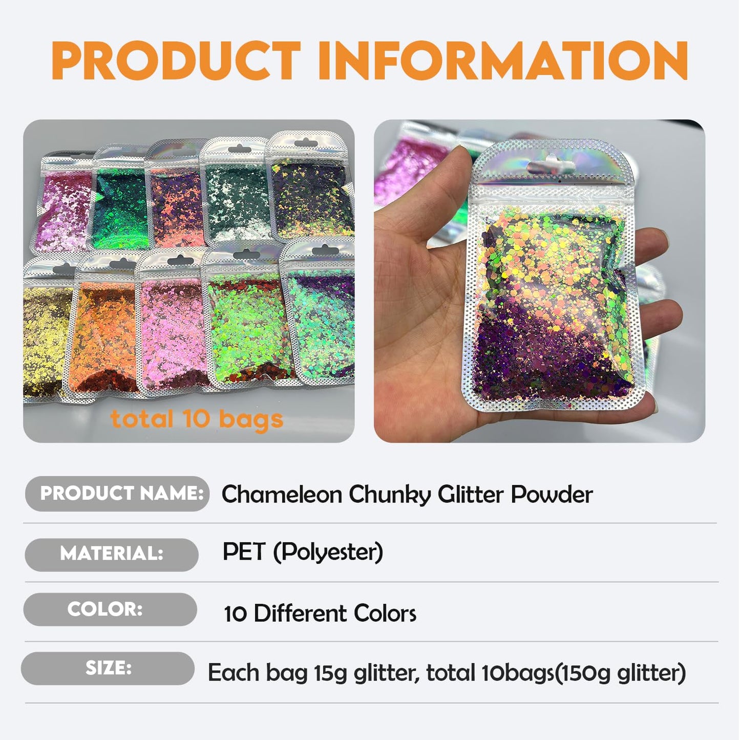 Color Shift Glitter, 150g/5.29oz PET Chunky and Fine Mixed Craft Glitter Sequins Chameleon Glitter Powder for Tumblers, Epoxy Resin, Nail Art, Slime, Body, Face, Cosmetic, Jewelry Making