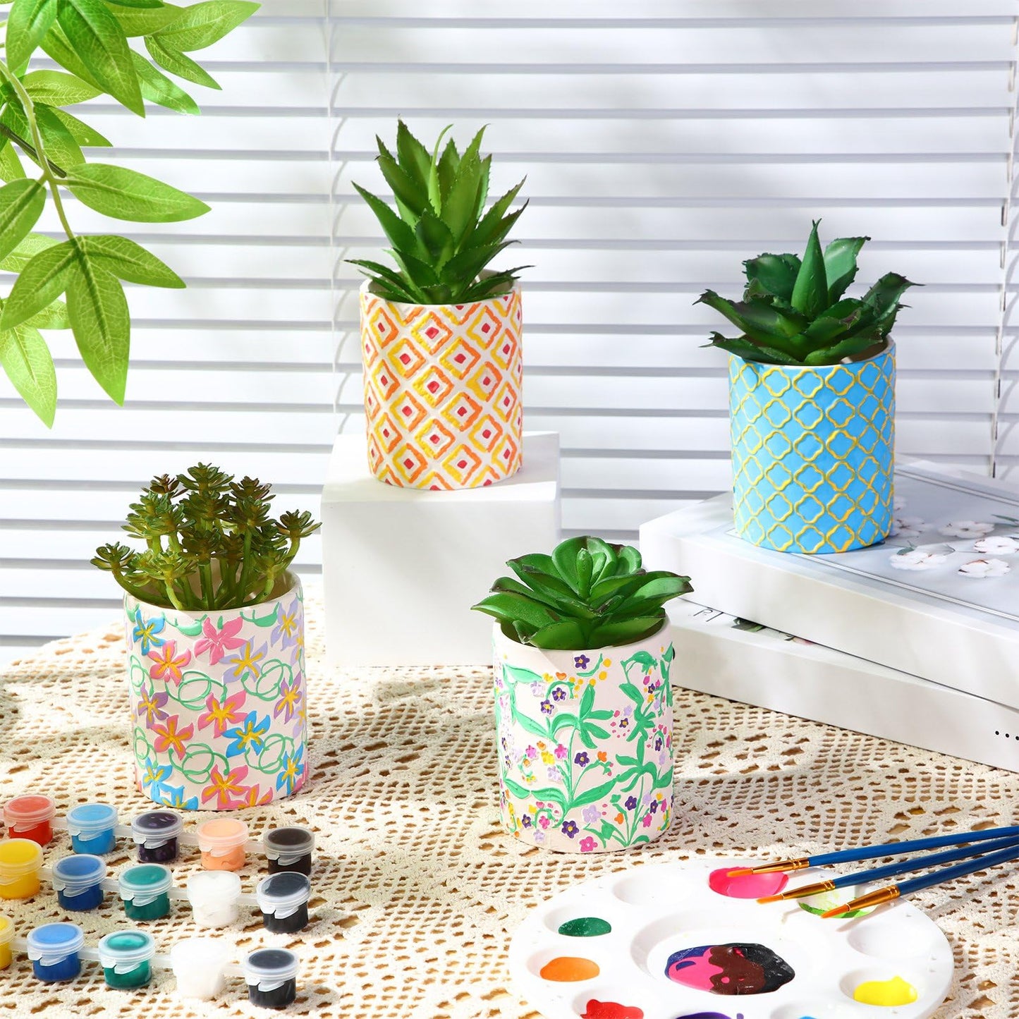 Zubebe 12 Pcs Paint Your Own Ceramic Pots Bulk Unfinished Succulent Pots Craft Kit with Drainage Hole Mini Paintable Plant Vase Ready to Paint Planter for Cactus DIY Craft (Classic)