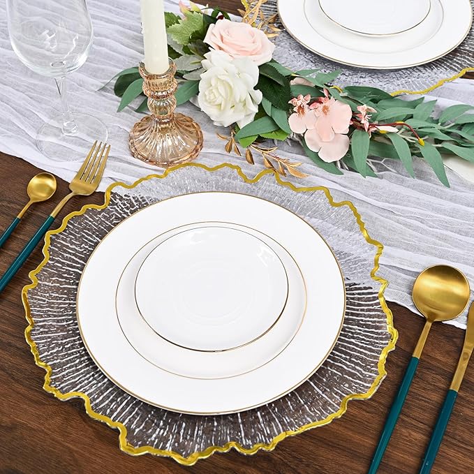 Pesonlook 24Pcs Gold Charger Plates Round 13inch, Clear with Gold Rim, Reef Charger Plate for Dinner, Bulk Plastic Floral Table Plates for Dinner Wedding Party Event