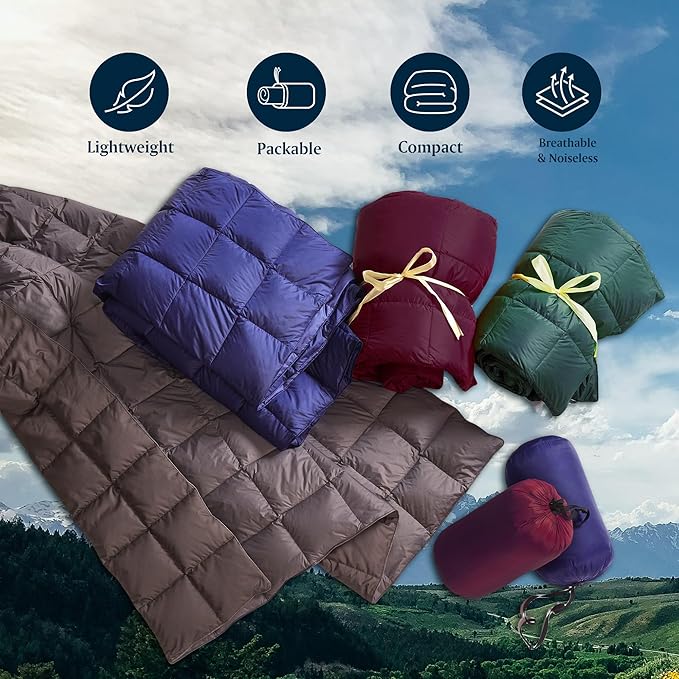 Serta Down Filled Throw Blanket, Packable Lightweight and Durable Blanket for Indoor,Office,Outdoor,Traveling, Hiking, Camping, 60" x 70" with Carrying Pouch (Plum)