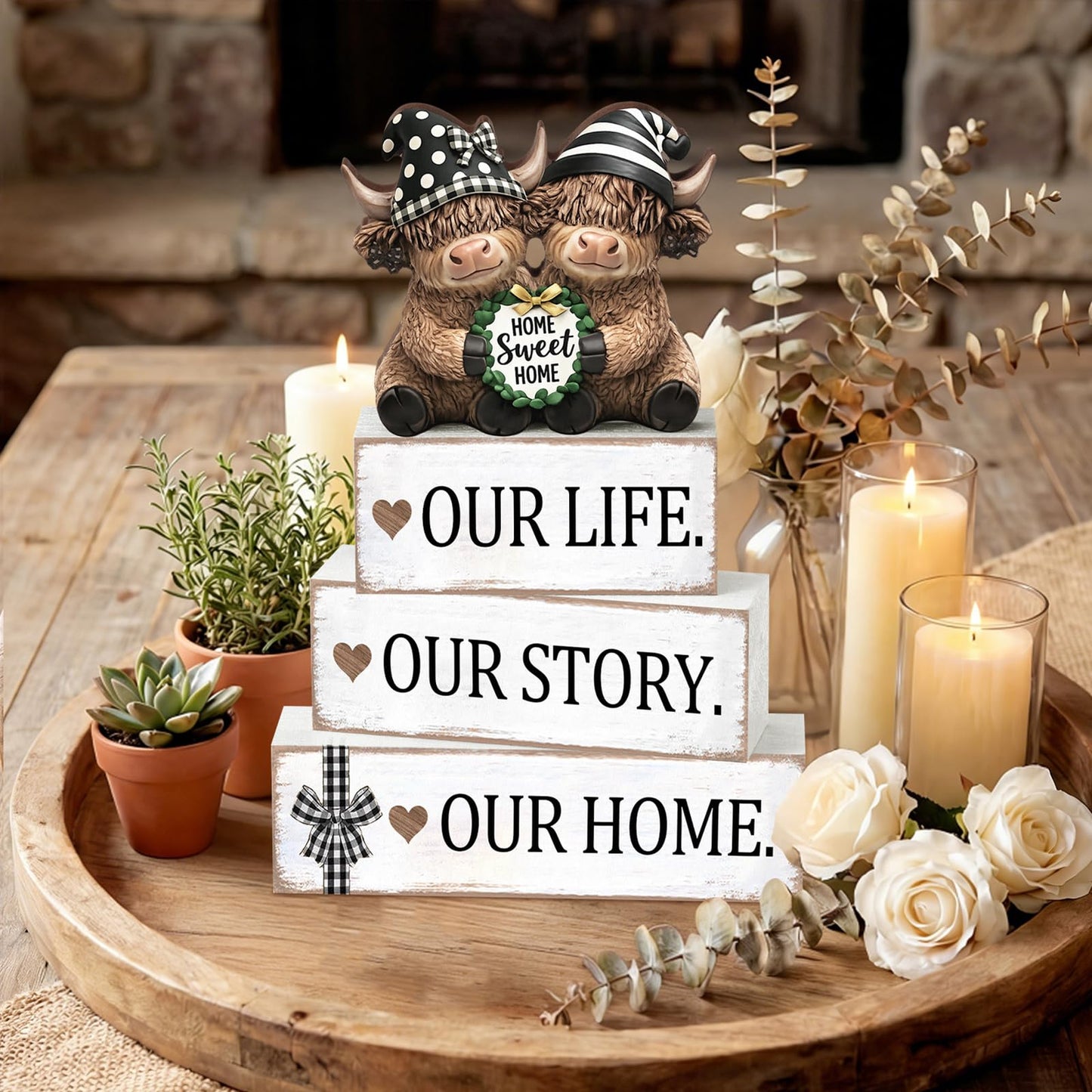 Yousoontic 4 Pcs Rustic Wooden Highland Cow Figurines Set, Farmhouse Table Decor Home Sweet Home Stackable Centerpiece for Entryway Tiered Tray Shelf Living Room Office Decor, Housewarming Gift