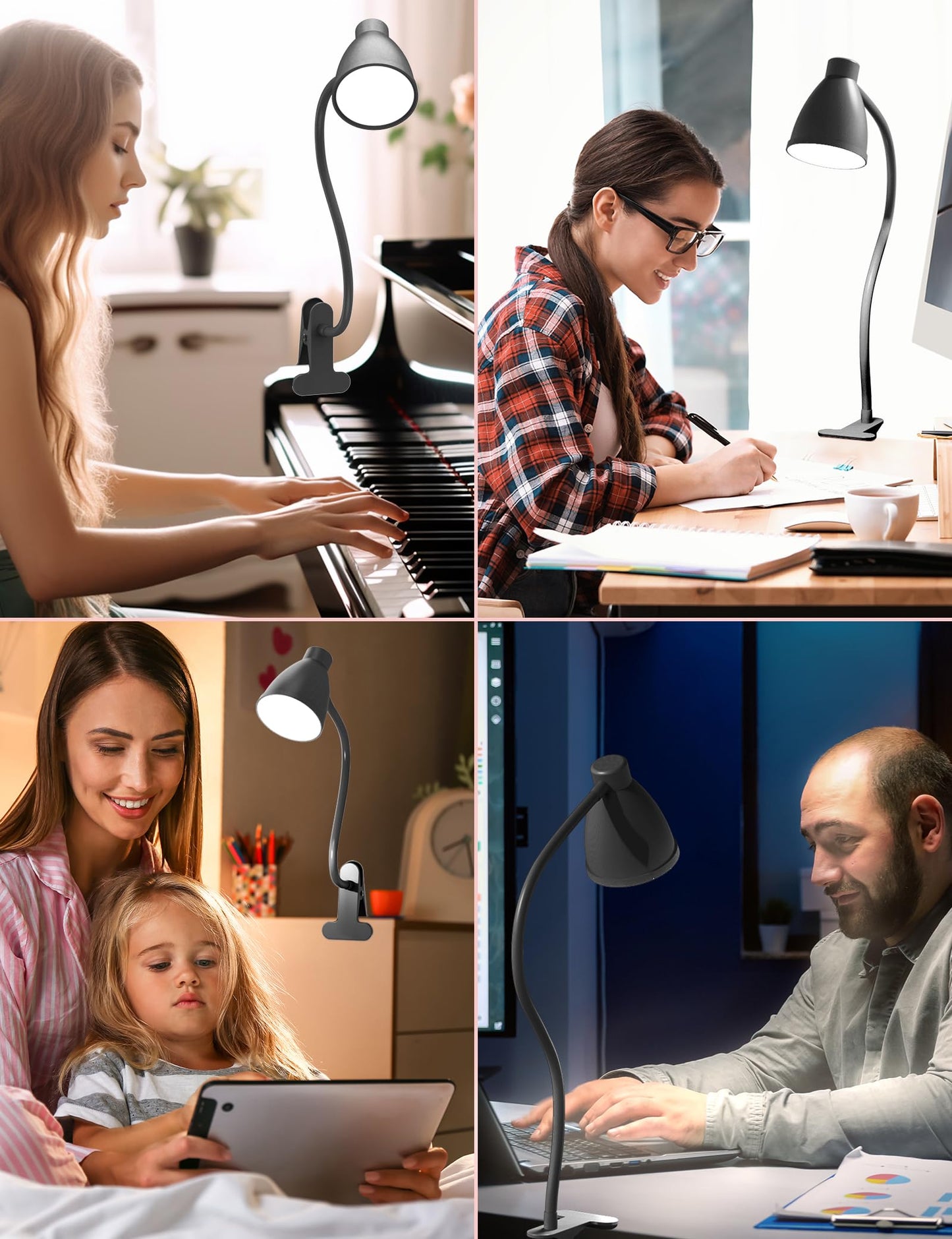 BOHON Desk Lamp 5 Color Modes 10 Brightness Dimmer Reading Light 10W 38 LED Clamp Lamp with Auto Off Timer 360° Flexible Neck Clip on Light for Bed Bedside, AC Adapter Include