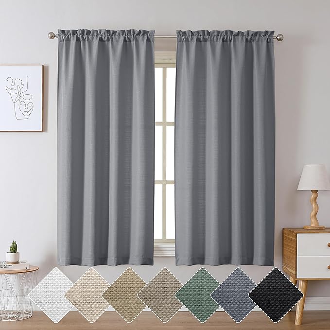 Chyhomenyc Dark Grey Curtains 63 Inch Length 2 Panels, Faux Linen Textured Semi Sheer Light Filtering Soft Airy Rod Pocket Window Treatment Drapes for Living Room Bedroom, Each 40" Wx63 L