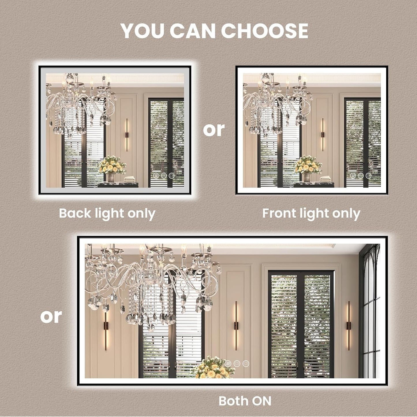 Amorho 55" X40" LED Bathroom Mirror with Black Frame, Front Light and Backlit(Controlled Separately), Stepless Dimmable, Anti-Fog, Shatter-Proof, 3 Colors, Memory