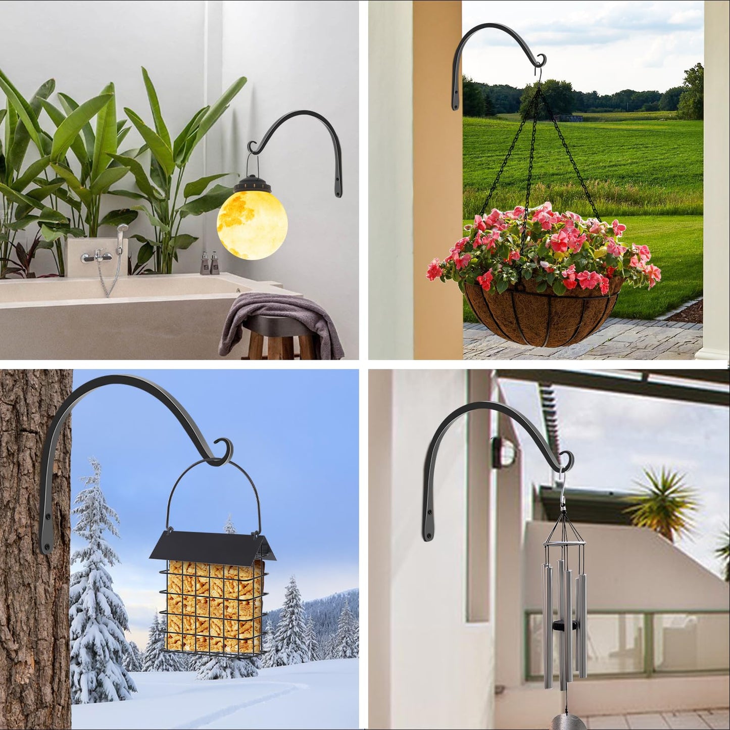 FEED GARDEN 2 Pack 10 Inch Hanging Plant Bracket Wall Hooks Decorative Plant Hangers for Outdoor Hanging Bird Feeders, Wind Chimes, Plant Baskets, Black