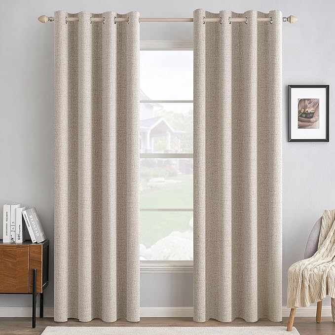 MIULEE Linen Textured Curtains Solid 100% Blackout for Bedroom Thermal Insulated Natural Grommet Room Darkening Curtains & Drapes Luxury Decor for Living Room Nursery 52 x 72 Inch (2 Panels)