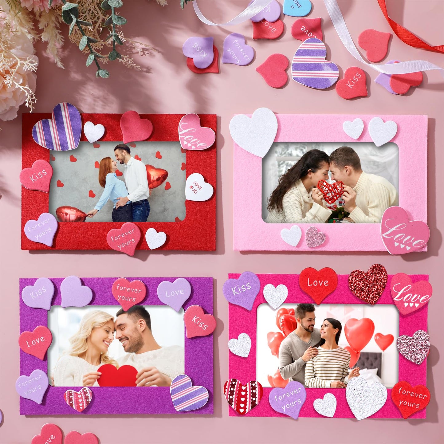 Ferraycle 232 Pieces Valentines DIY Picture Frames Craft Kit 32 Pcs Photo Frames with 200 Pcs Heart Shaped Foam Stickers for Valentine‘s Day, Craft Art, Home Decor(Rectangular Shape)