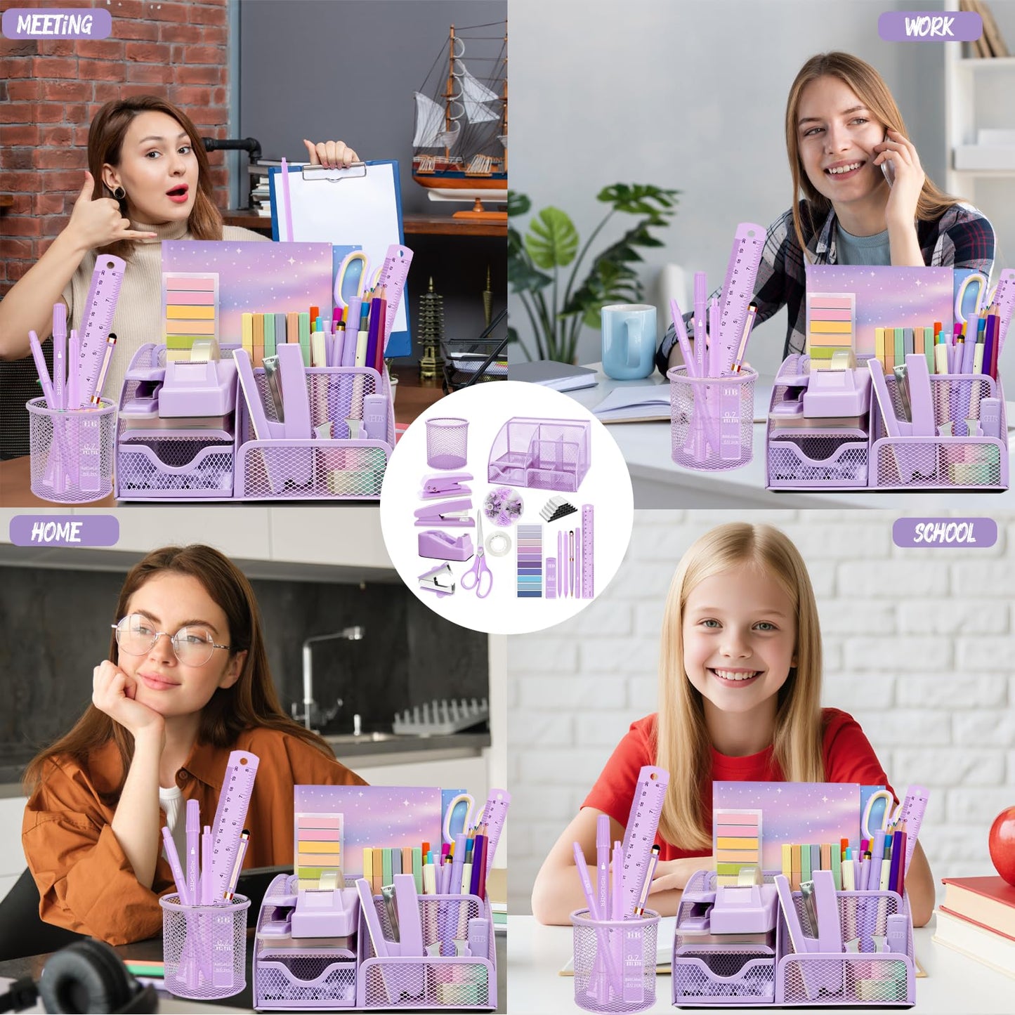 Purple Desk Accessories, 17Pcs Purple Office Supplies Set with Stapler, Mesh Desk Organizer, Tape Dispenser, Staple Remover, Pen Holder, Clips, Pens, Ruler, for Office Home School Women Students Gift