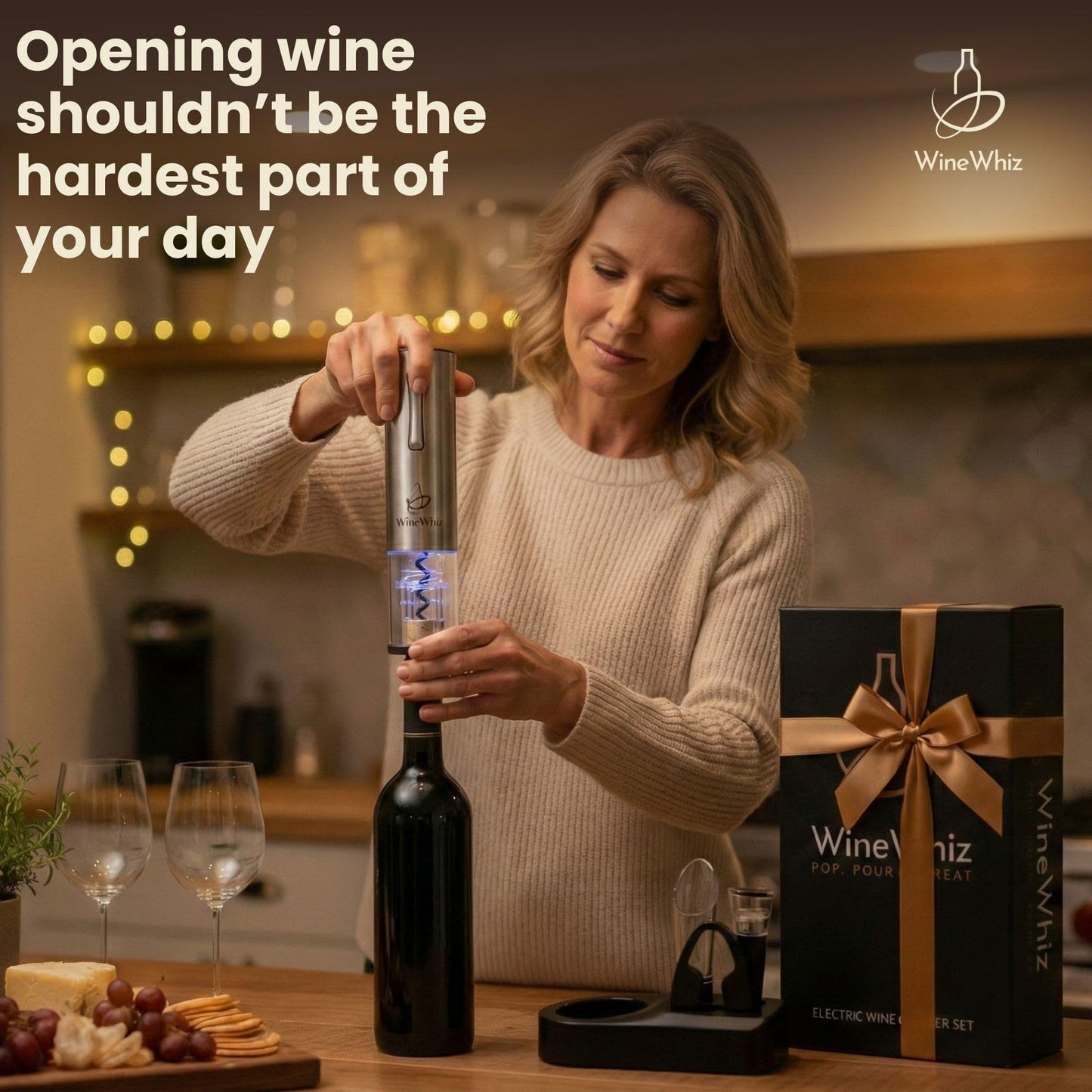 Electric Wine Opener Set with Base and Accessories (Rechargeable Stainless Steel Corkscrew, Dispenser, Foil Cutter Tool, Stopper) | Lovers Gift for Housewarming, Birthday, Registry