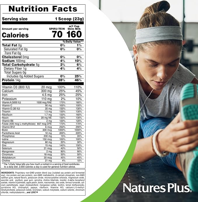 NaturesPlus SPIRU-TEIN Simply Natural, Original Vanilla - 1.63 lb - Unsweetened Plant-Based Protein Shake - 32 Servings