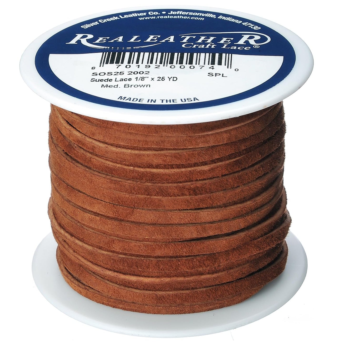 Silver Creek Leather Co Realeather SOS25-2002 Suede Leather Lace for Crafts and Jewelry Making, 0.125" x 25', Medium Brown, 1-Spool