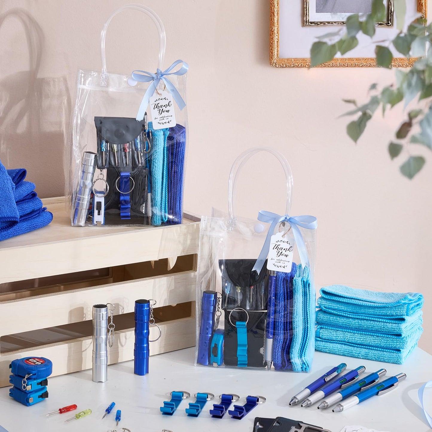 Wishfond 60PCS Baby Shower Prizes for Men 6 Set with Cleaning Cloth Bottle Opener Screwdriver Tape Measuring Keychain Multi Tool Pen Gift Bag Baby Shower Game Prizes for Winner Bachelor Party (Blue)