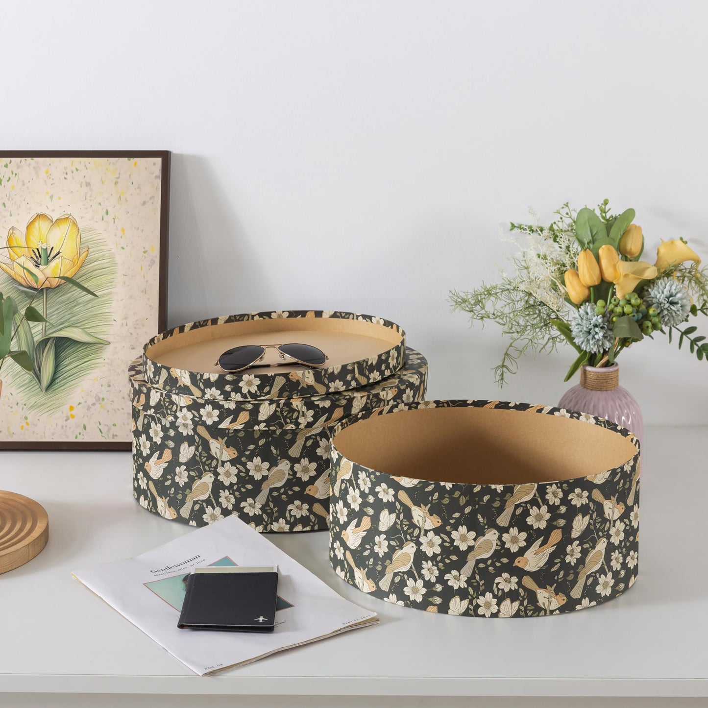 Soul & Lane Large Oval Cardboard Decorative Storage Boxes with Lids - Midnight Blossom Serenade, Set of 2 Cardboard Boxes for Flowers and Gifts, Nesting Memory Containers for Keepsakes and Organizing