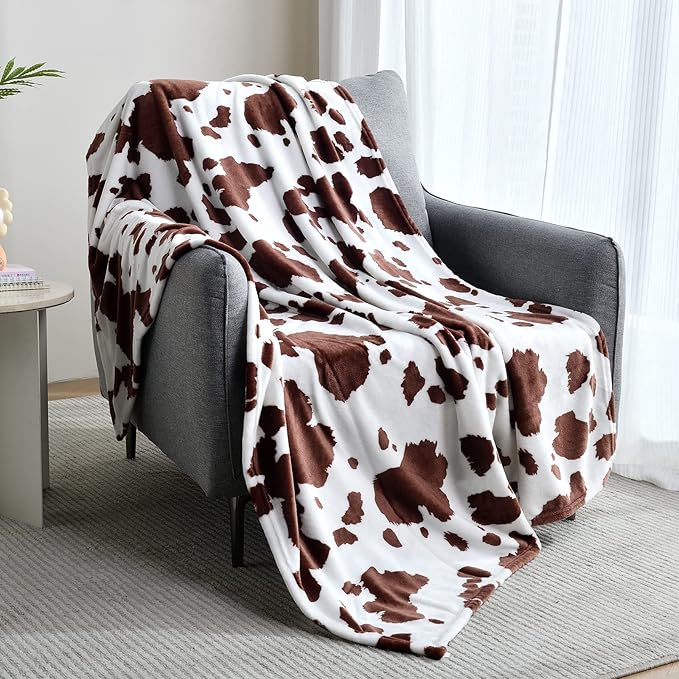 SOCHOW Cow Print Fleece Throw Blanket for Sofa Couch, Soft Lightweight Cozy Warm Home Decor Flannel Blanket, Cute Animal Blanket for Kids Boys Girls, Brown 50 x 60 Inches