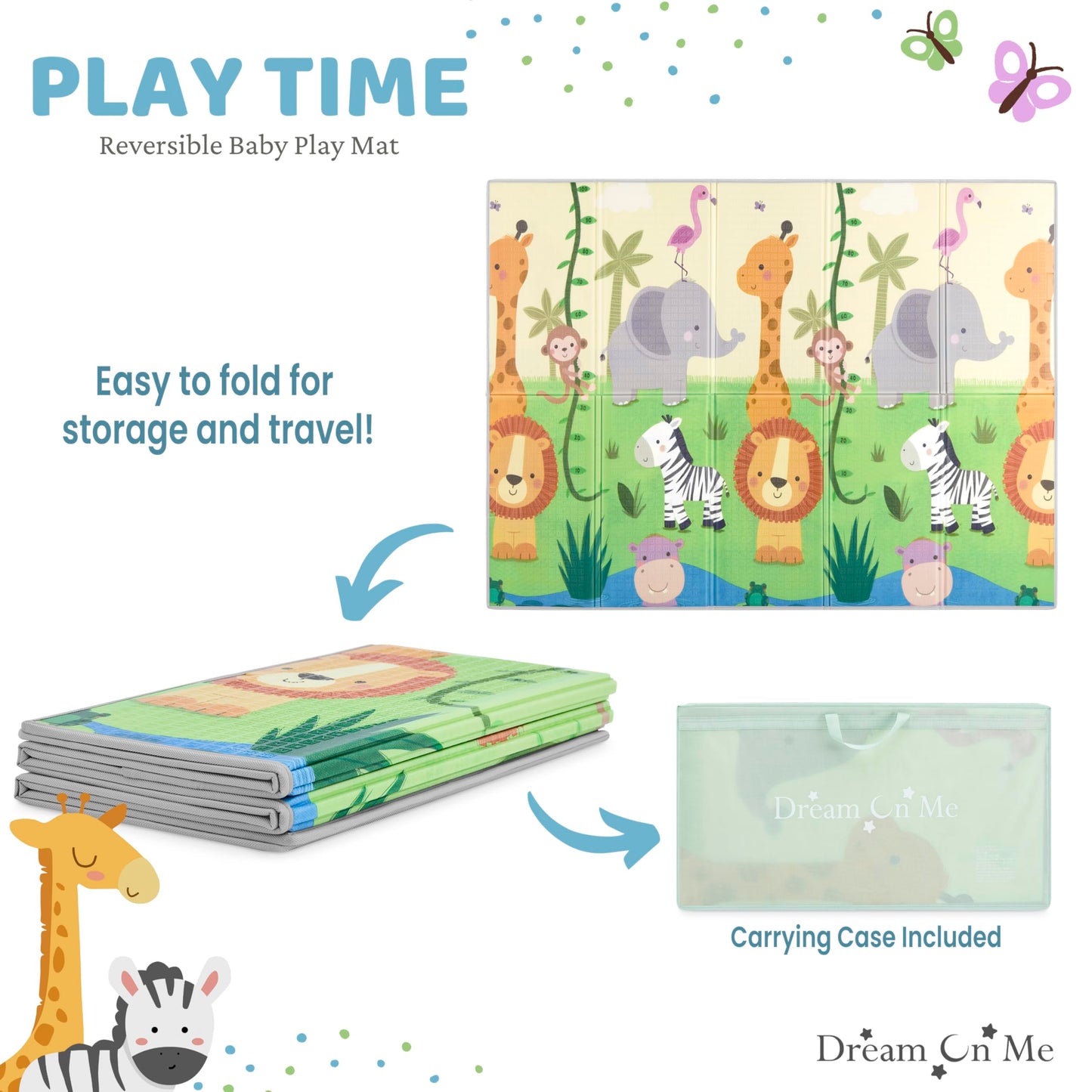 Dream On Me Play Time Reversible Baby Play Mat Foldable Extra Large Thick Foam Crawling Playmats for Toddlers Waterproof Portable Playmat, Happy Feet
