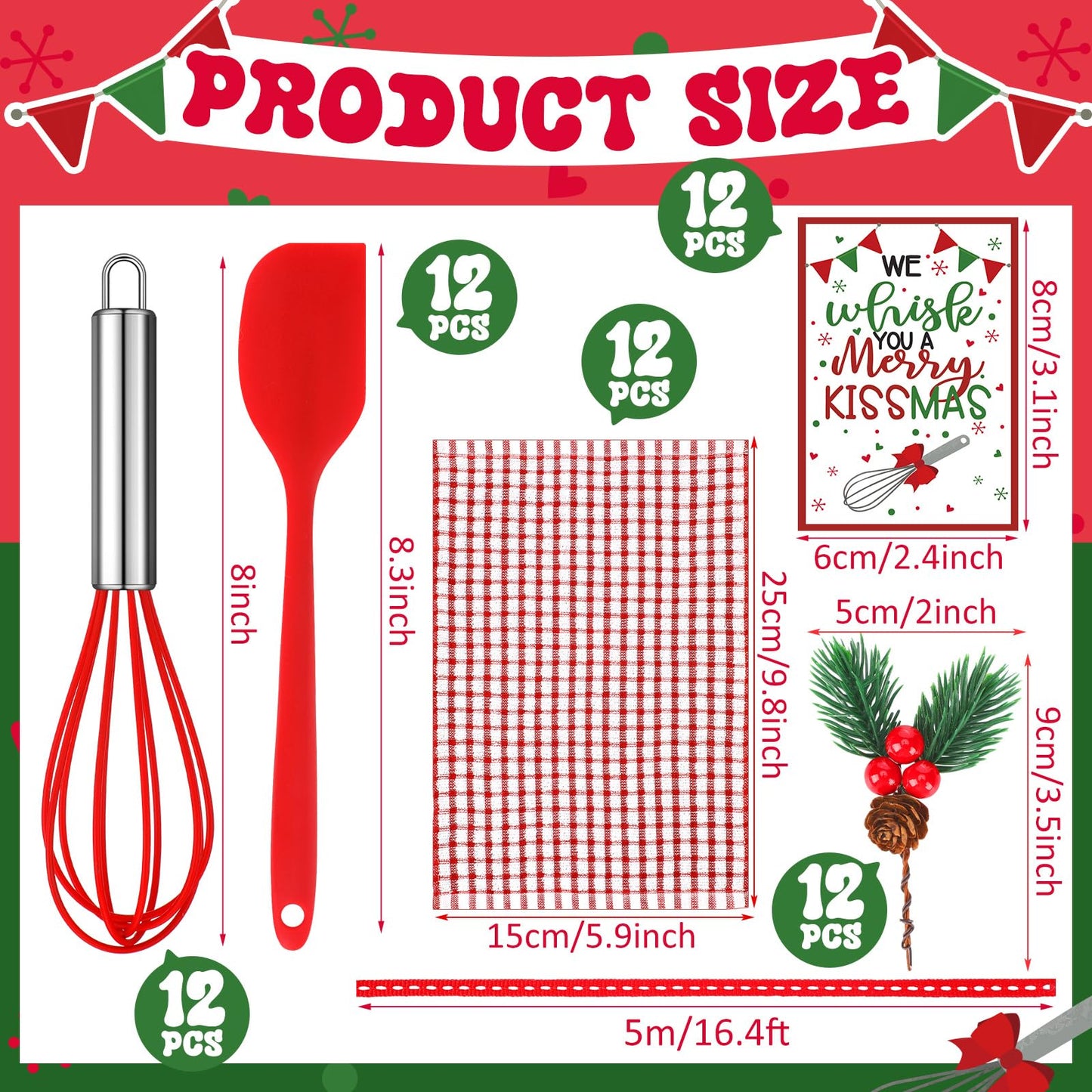 60pcs/12sets Christmas Whisk Spatula Baking Gift Sets Include Silicone Spatula Stainless Steel Whisk Greeting Card Pine Branch Plaid Towel Christmas Kitchen Utensils for Neighbor Cooking Essentials